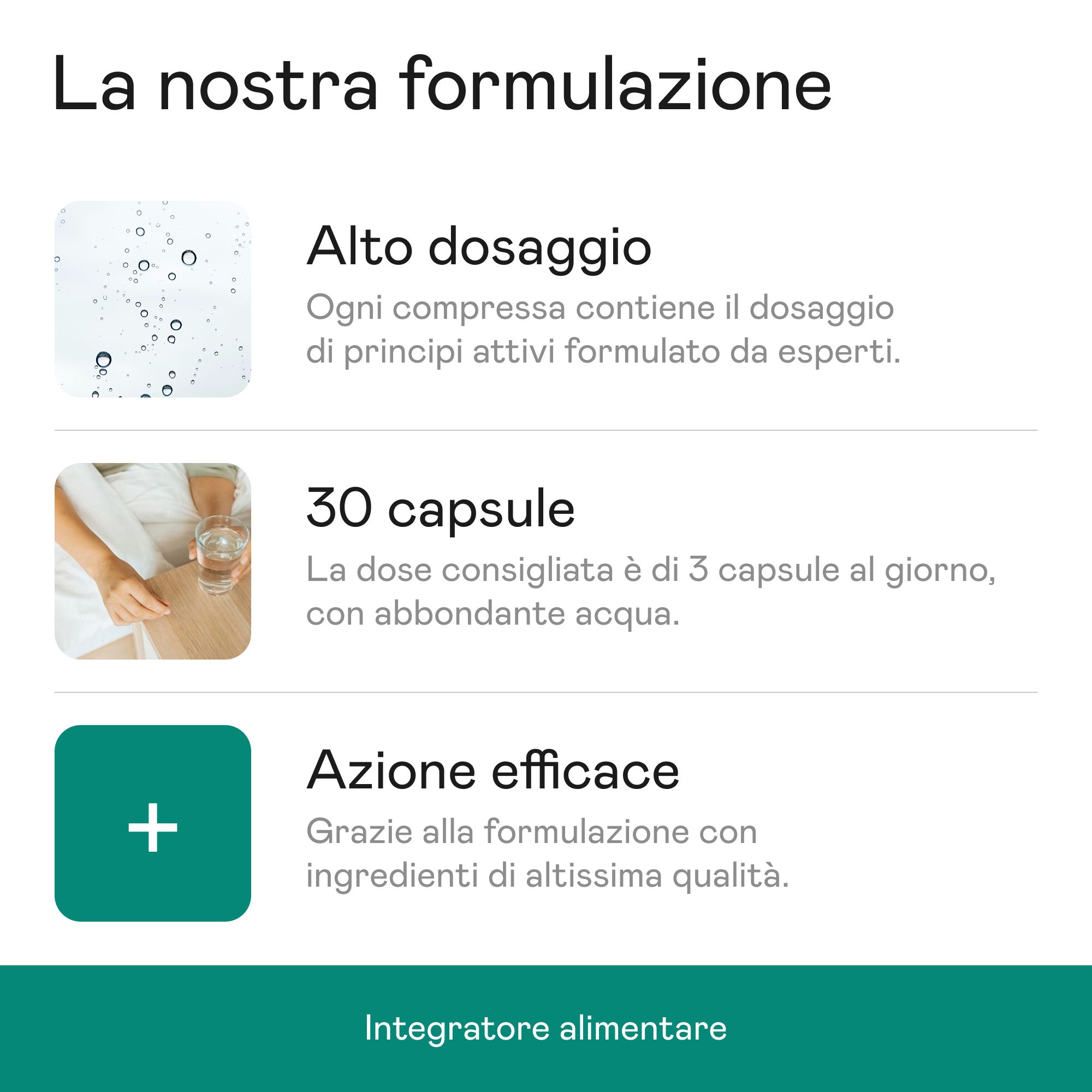 Testo: Alto dosaggio, 30 capsule, azione efficace. Integratore alimentare. Flacone Aenea Probio+ non rappresentato.
