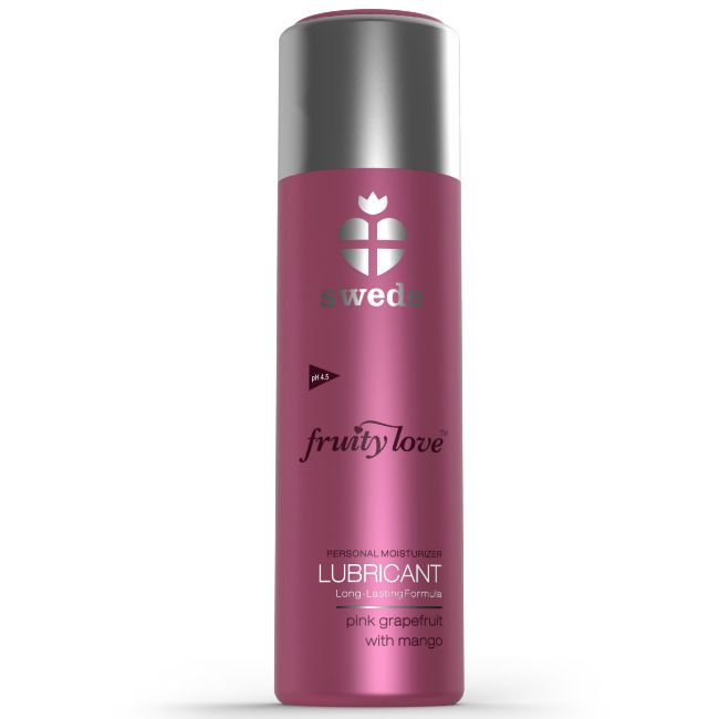 Due flaconi di lubrificante Swede Fruity Love: uno rosa, uno più piccolo con applicatore argentato.