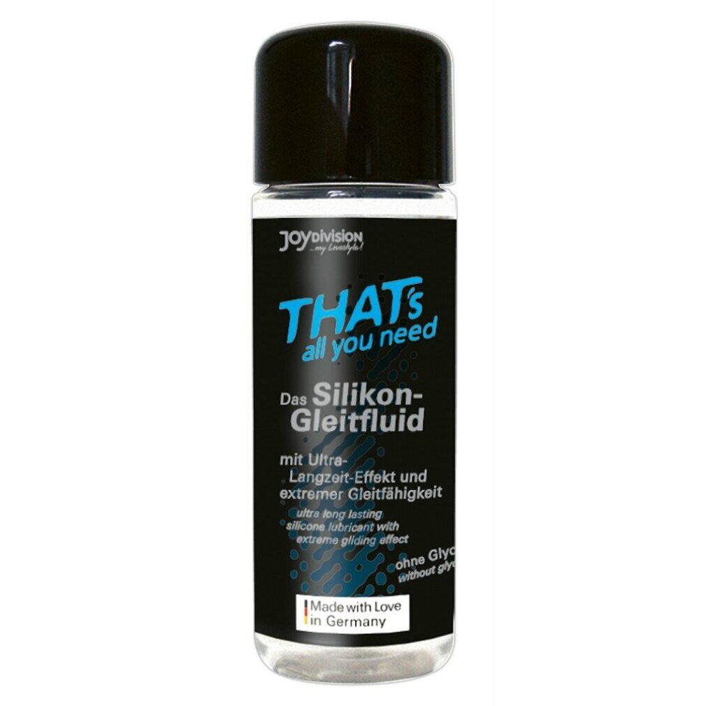 Flacone trasparente con tappo nero. Scritta: "THAT's all you need". Marchio: JoyDivision. "Made with Love in Germany".