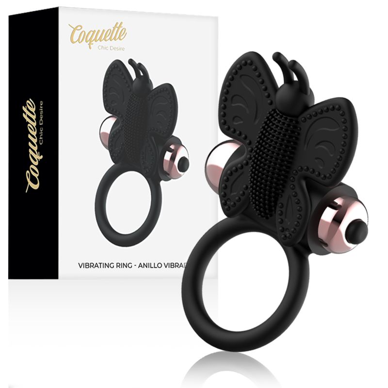 Anello vibrante nero a forma di farfalla con confezione e accessorio.