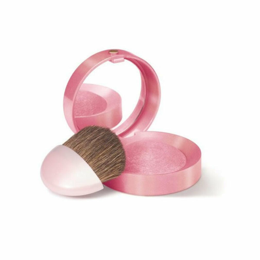 Fard rosa Bourjois. Confezione rotonda con specchio e pennello. Pennello accanto.