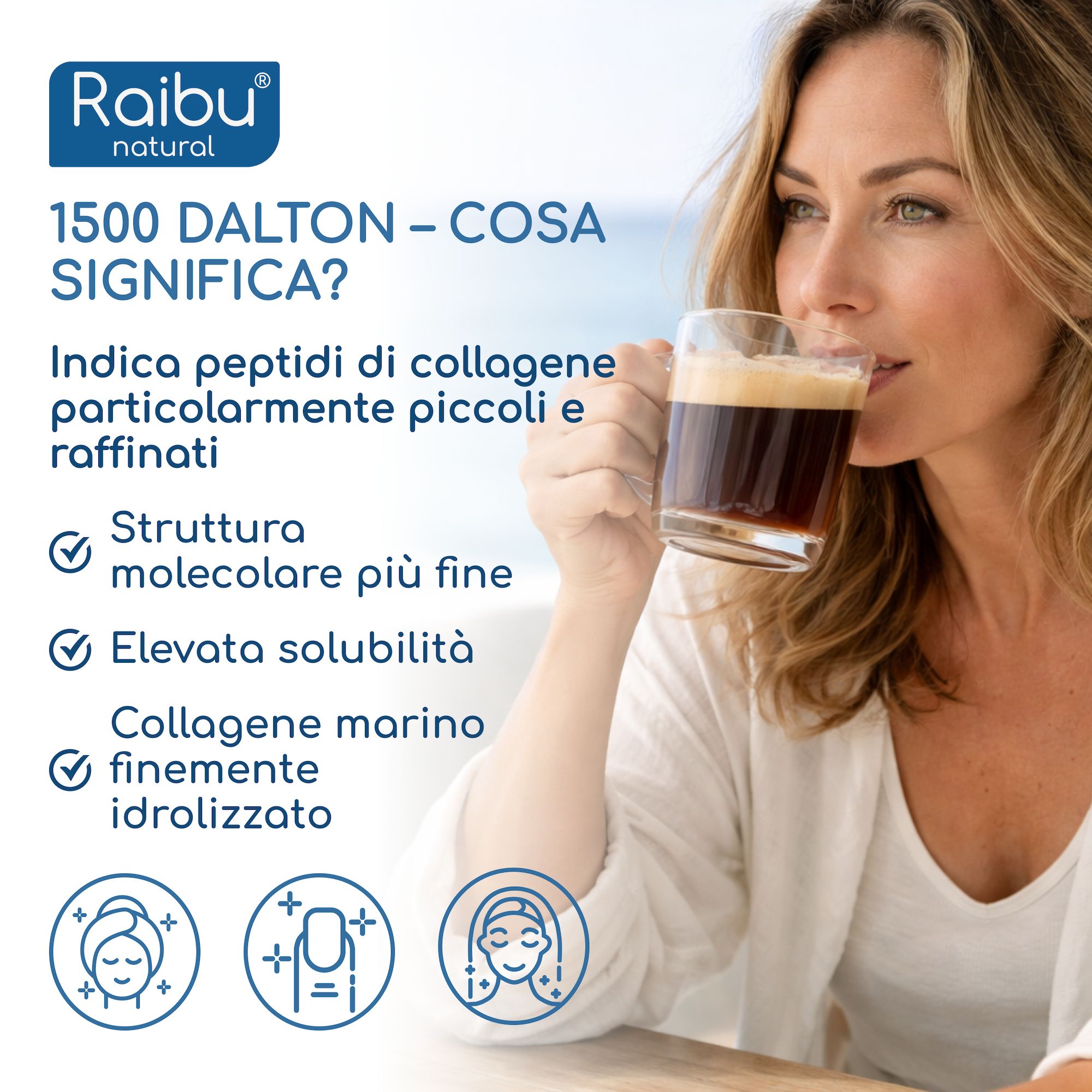 Donna beve caffè con polvere di collagene marino: 10g al giorno, gusto neutro.