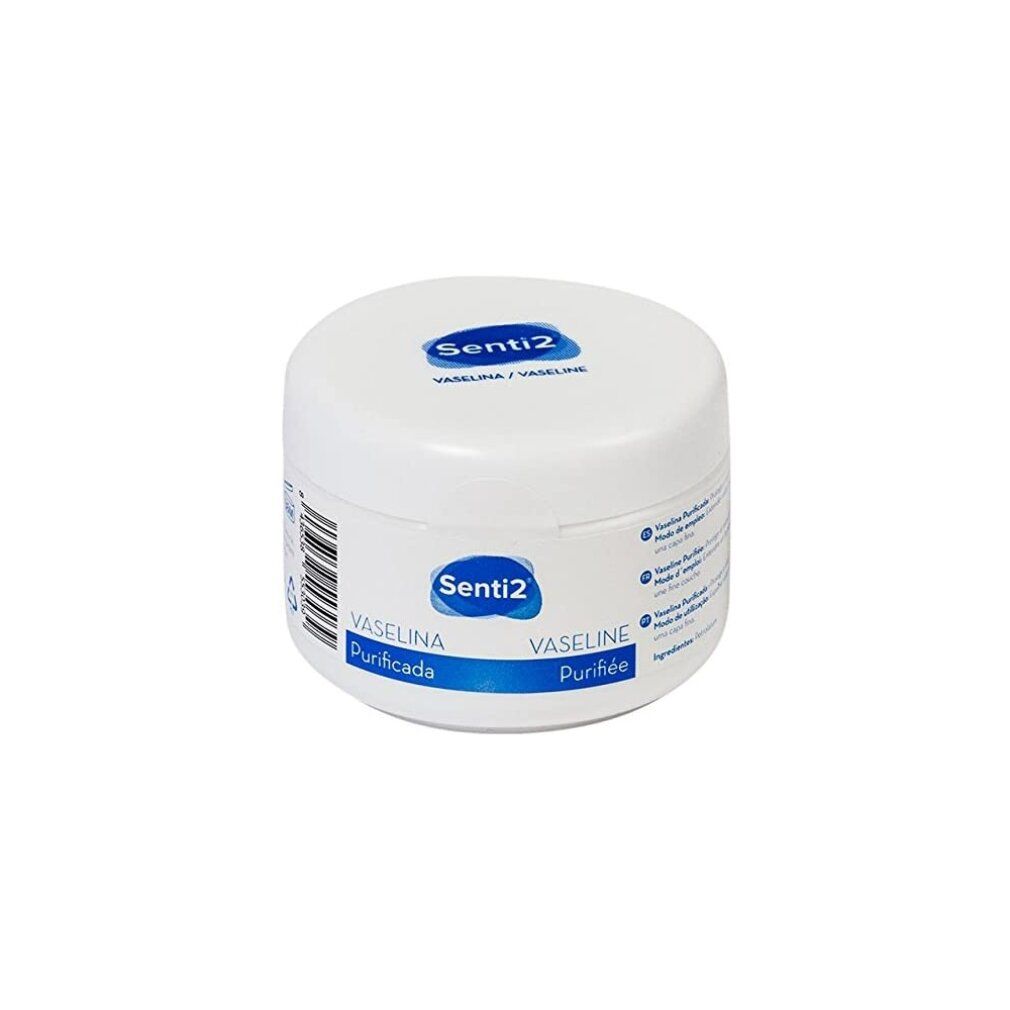 Vasetto bianco con coperchio blu. Scritta Senti2. Vaselina Purificada/Vaseline Purifiée.