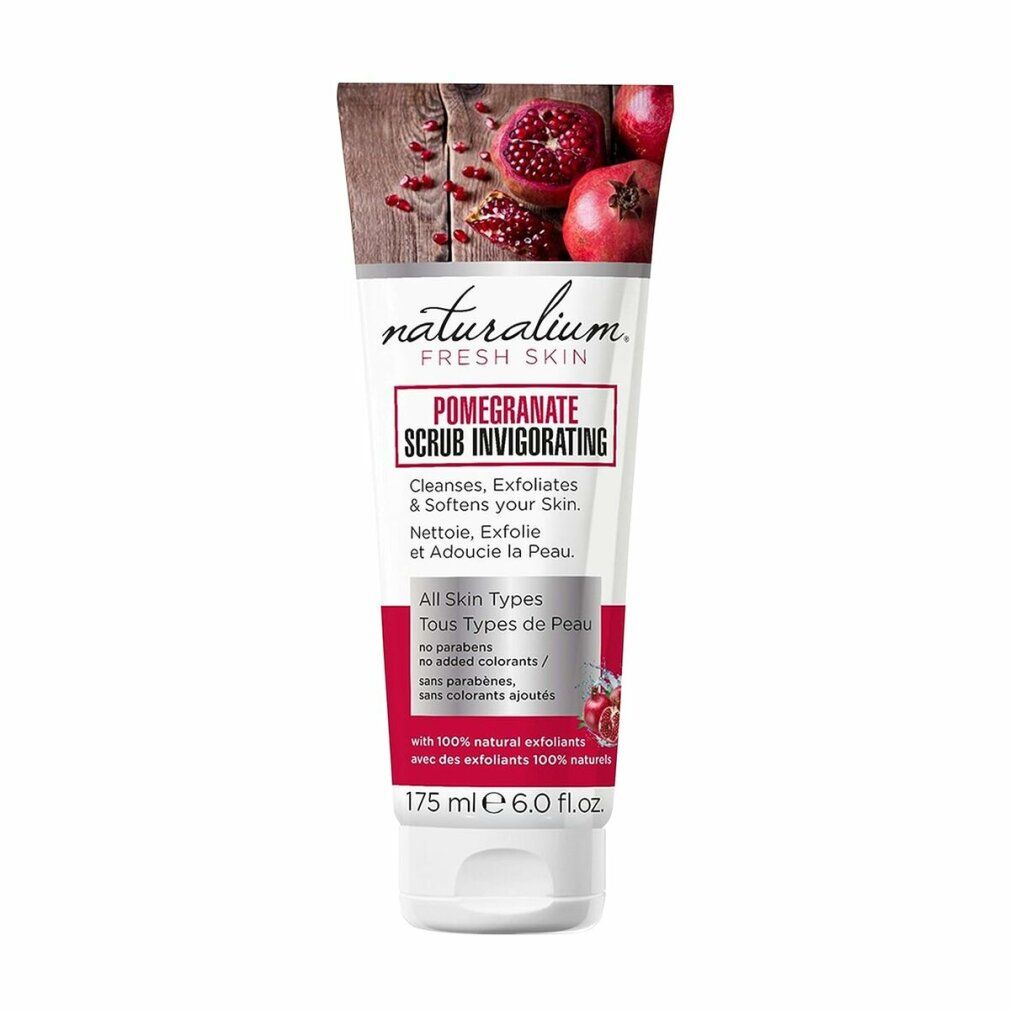 Tubo di Naturalium Pomegranate Facial Scrub. Nome del prodotto e ingredienti stampati. Immagine di melograni.
