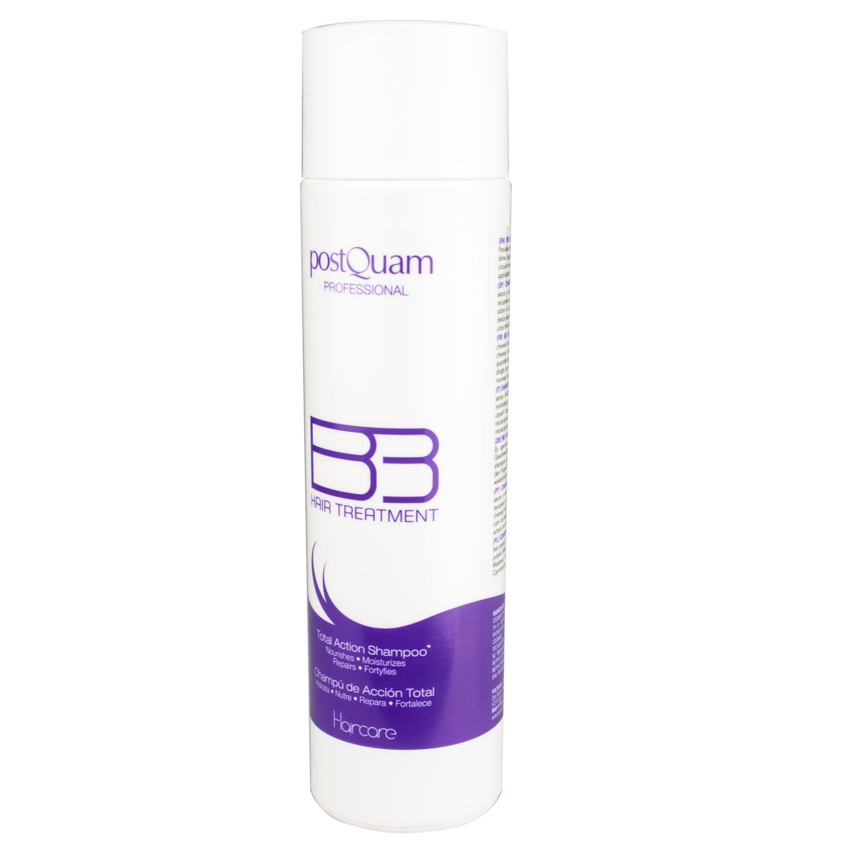 Flacone bianco con etichetta viola. Scritta: Postquam Professional, BB Hair Treatment. Contiene testo in più lingue.