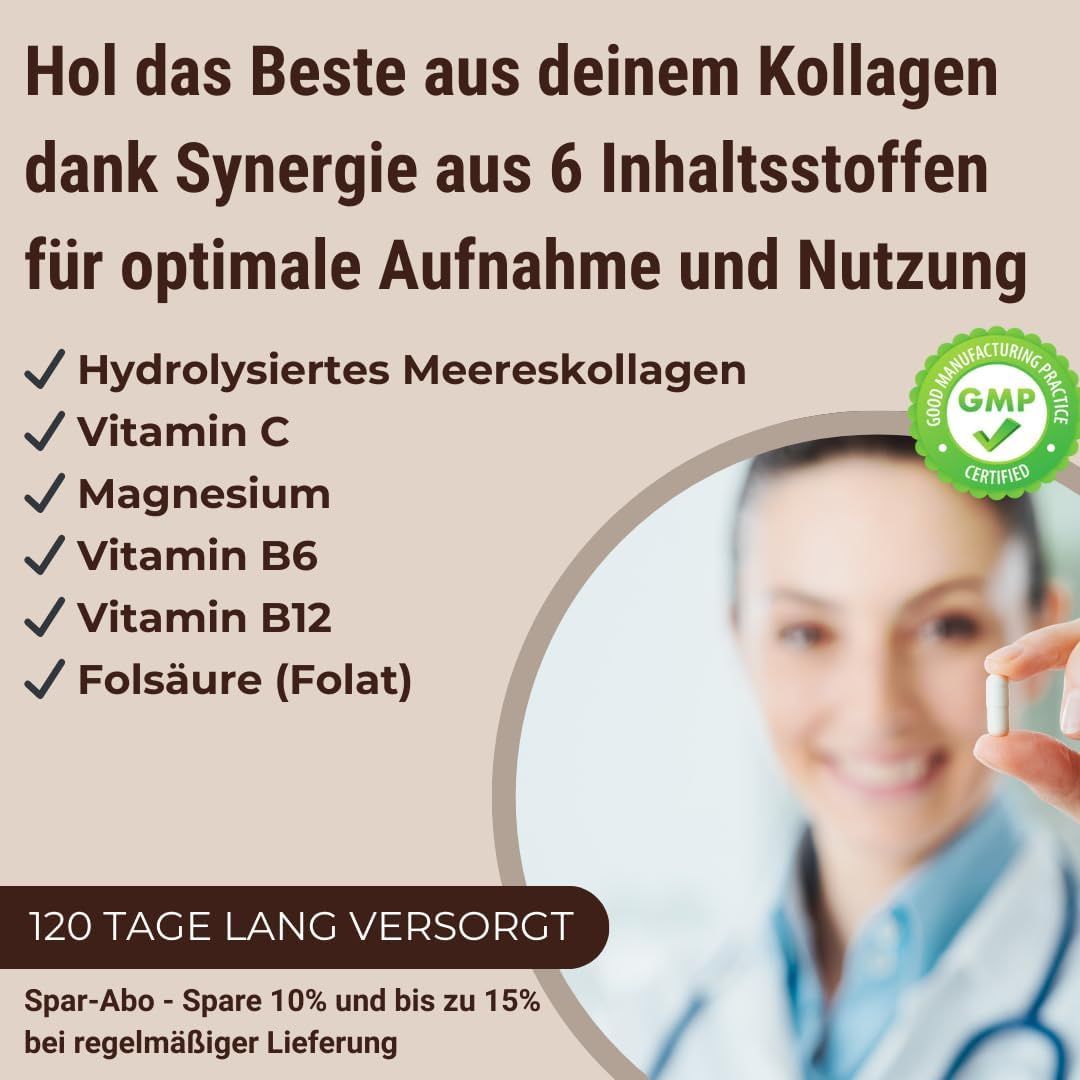 Donna tiene in mano una capsula. Testo: Collagene marino idrolizzato, Vitamina C, Magnesio, Vitamina B6, B12, Acido folico. Certificazione GMP.