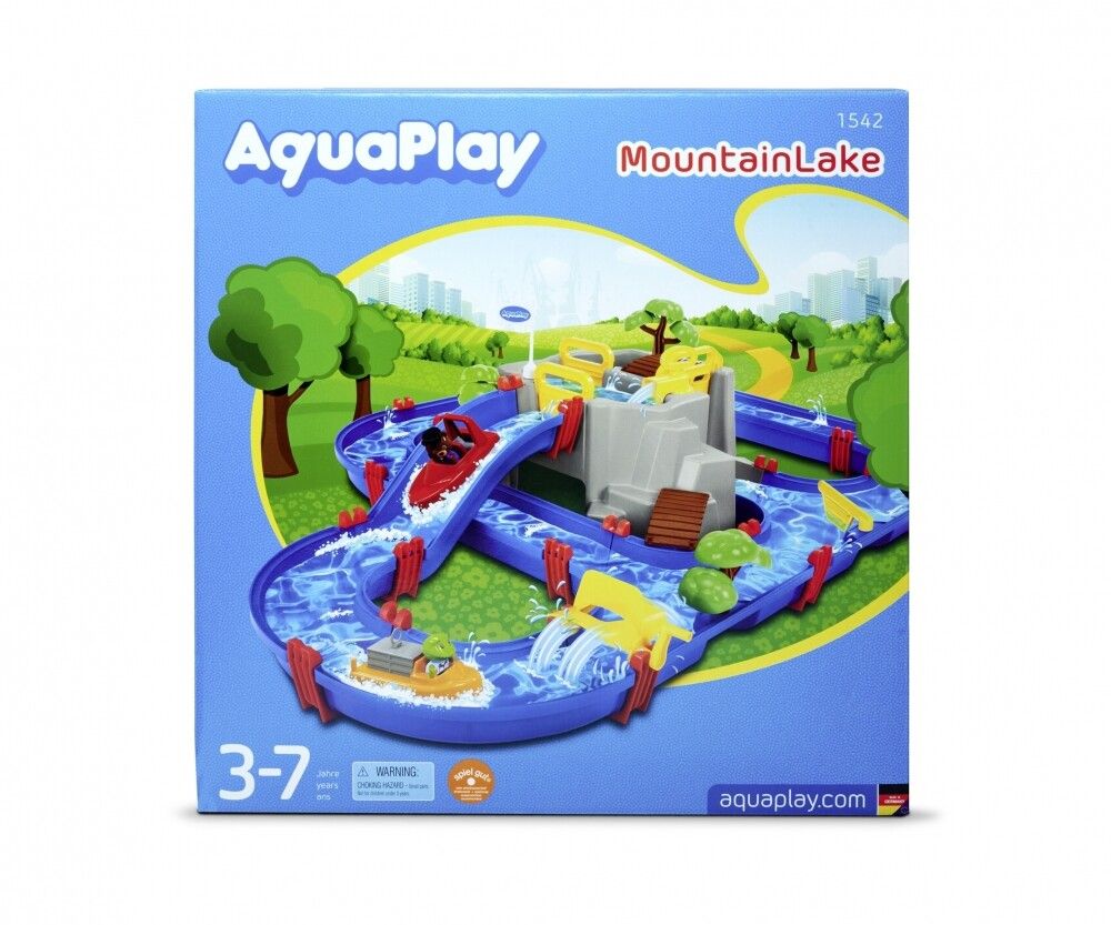 Confezione del giocattolo con percorso d'acqua. Acqua blu, montagna grigia, elementi gialli e barche. Età 3-7.
