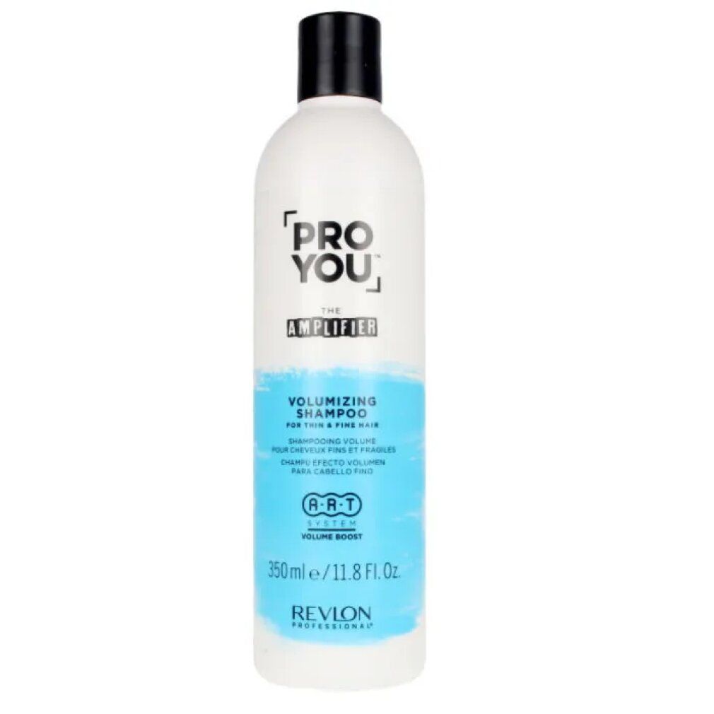 Flacone di shampoo bianco con tappo nero. Scritta: Pro You The Amplifier, Volumizing Shampoo, Revlon.