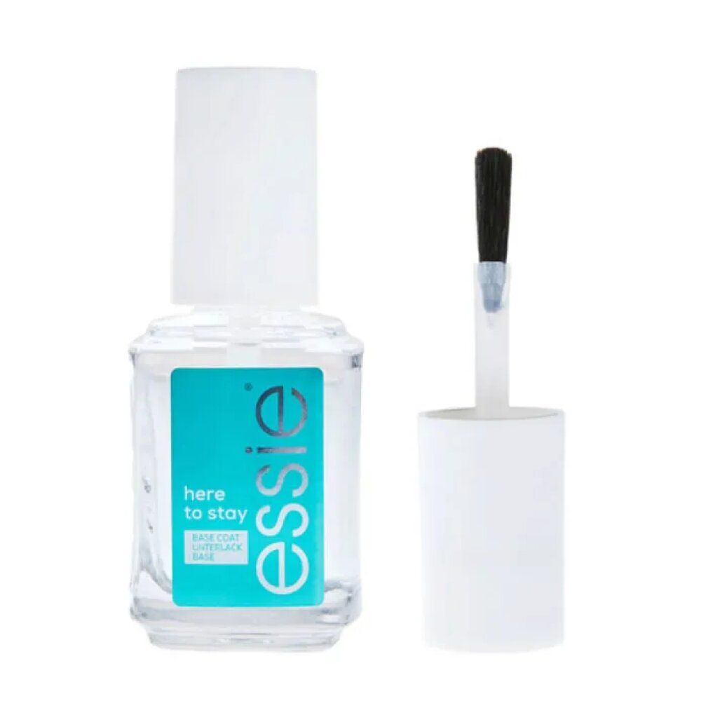Base coat Essie Here To Stay. Flacone e pennello. Etichetta turchese. Tappo e manico bianchi. Setole nere.