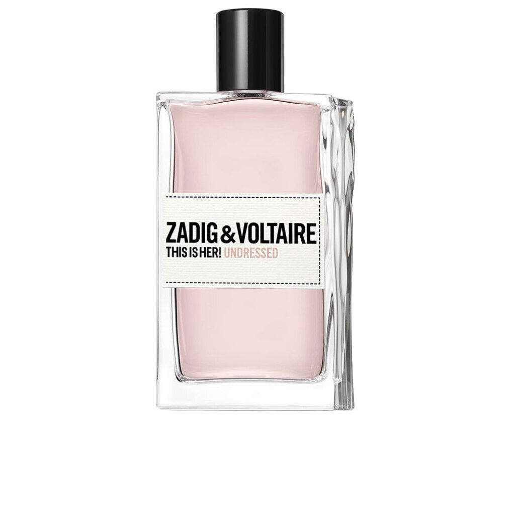 Zadig & Voltaire This is Her! Undressed EdP Nat. Spray. Flacone rettangolare in vetro con tappo nero. Etichetta bianca con logo e nome del prodotto.