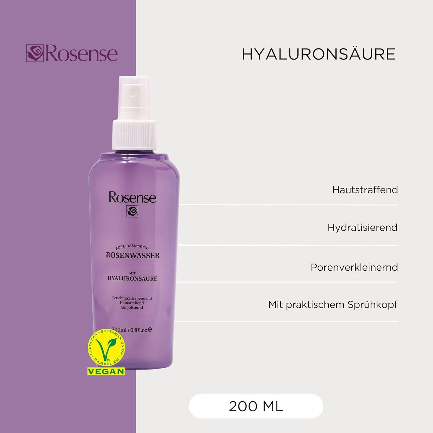 Spray Rosense viola. Testo: Acido ialuronico, rassodante, idratante, riduce i pori. Sigillo vegano.