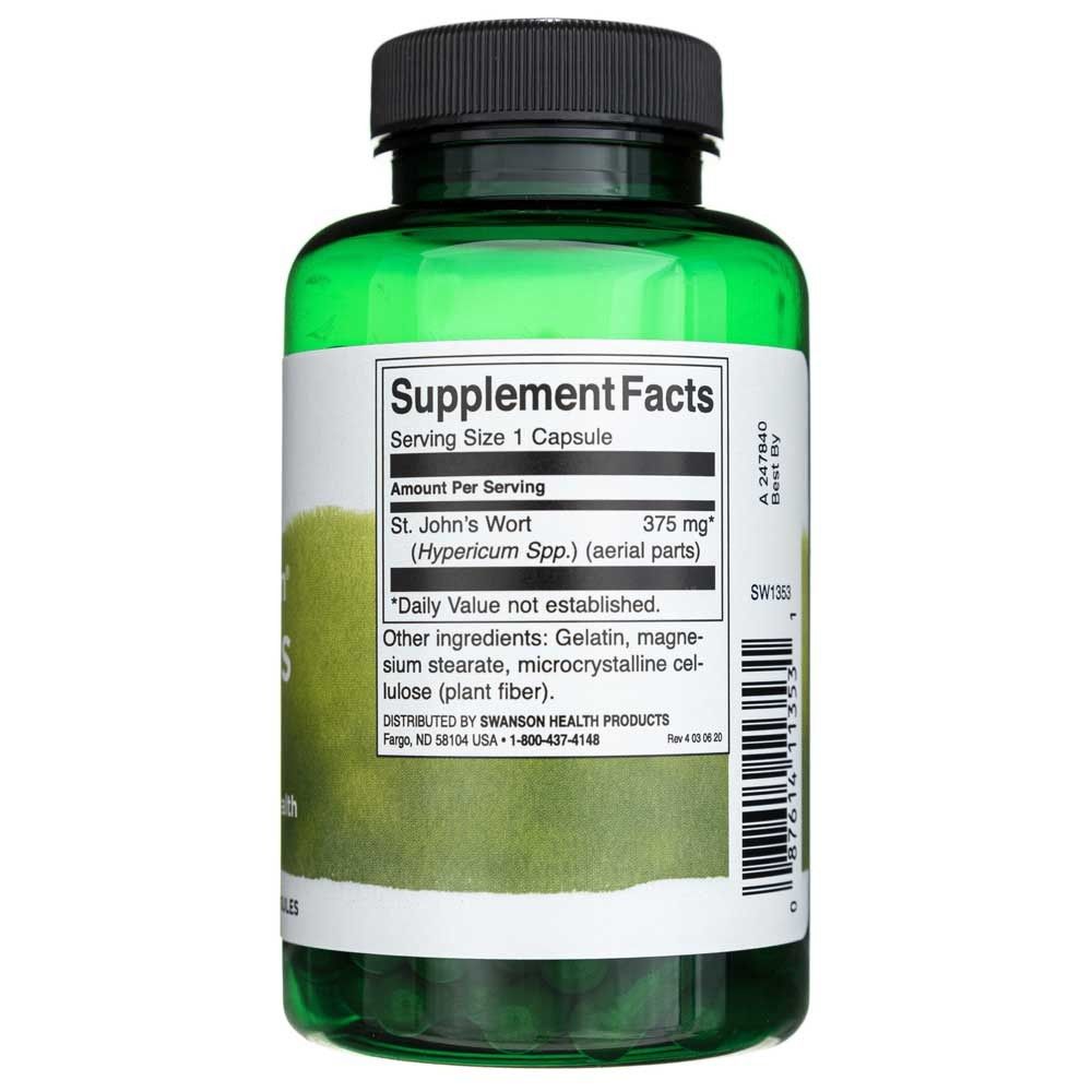 Retro della capsula verde: Supplement Facts, St. John's Wort 375 mg, 120 capsule.