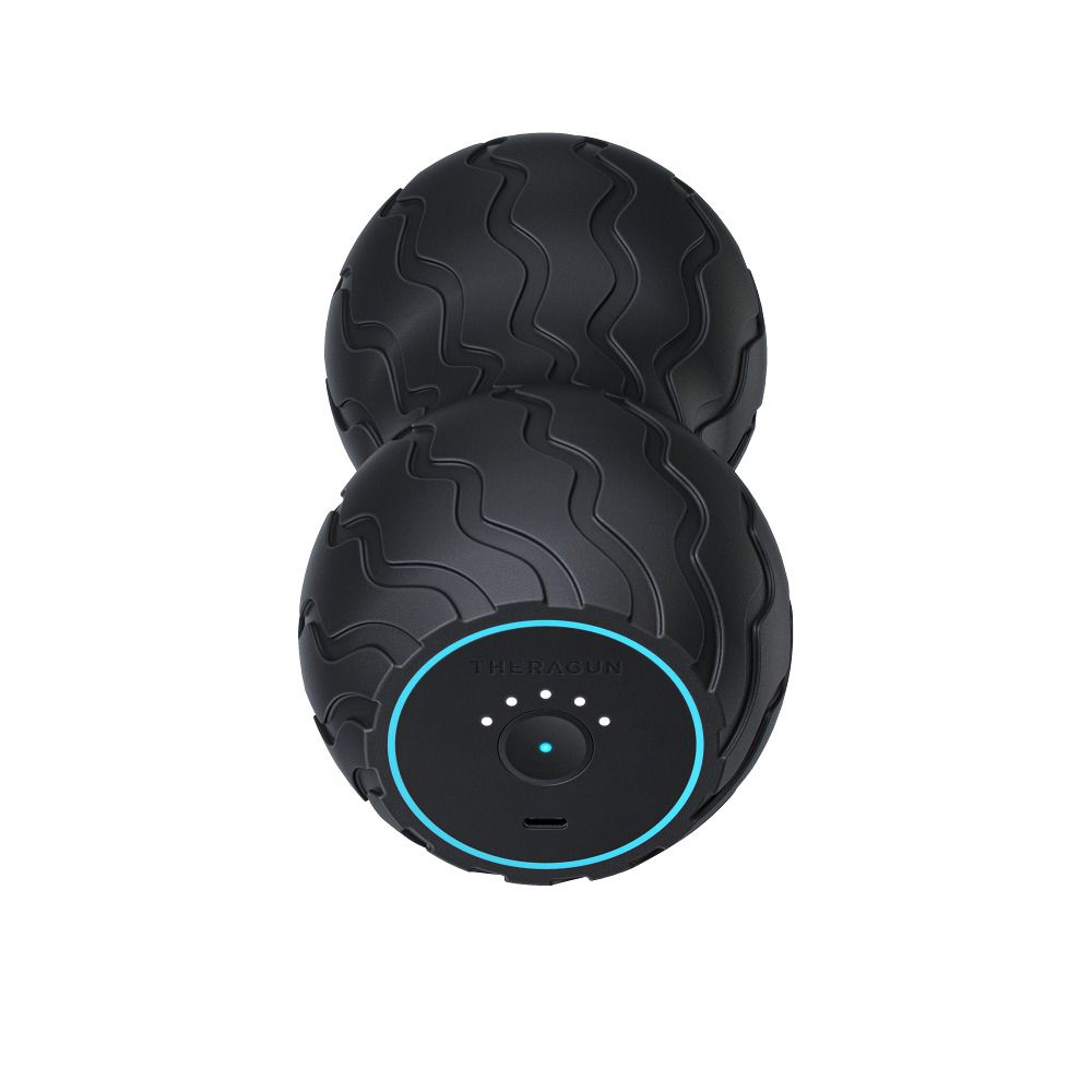 Wave Duo, sfera massaggiante vibrante nera. Due sfere collegate. Logo Theragun, bordo blu, tre punti bianchi. USB-C.