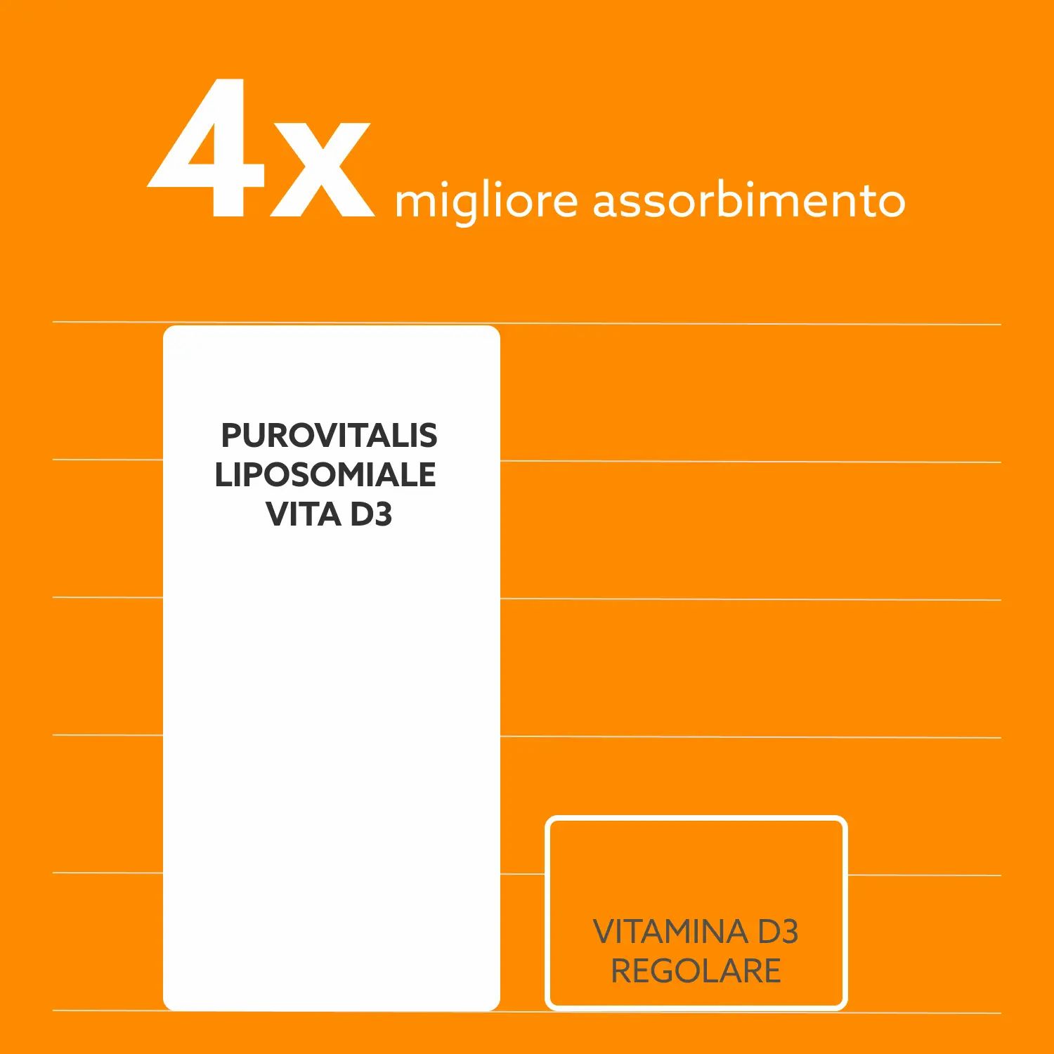 Grafico con due barre. Scritta: Purovitalis Liposomale Vita D3, Vitamina D3 Regolare. Testo: 4x migliore assorbimento.