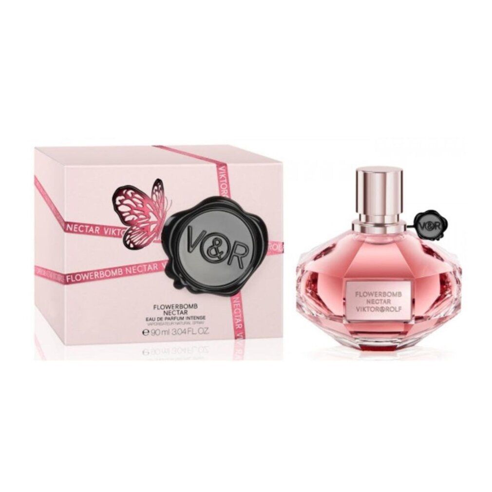 Scatola rosa e flacone. Scritta: Flowerbomb Nectar Viktor & Rolf. Sigillo nero con logo V&R. Farfalla.