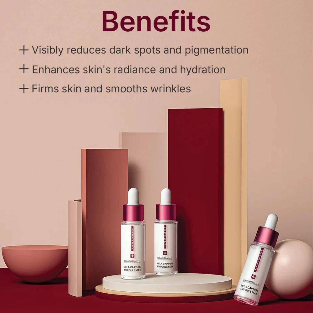 Tre flaconi di siero su piedistalli. Testo: Benefici. Riduce le macchie scure, migliora la luminosità e leviga le rughe.