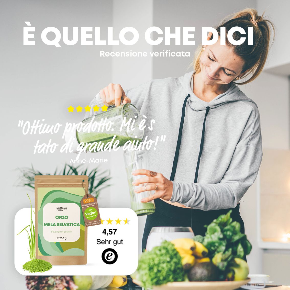 Donna che prepara una bevanda, confezione del prodotto e recensione cliente.
