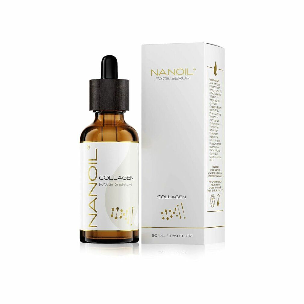Flacone di vetro marrone con pipetta e scatola. Scritta: Nanoil Face Serum Collagen. Confezione con informazioni.