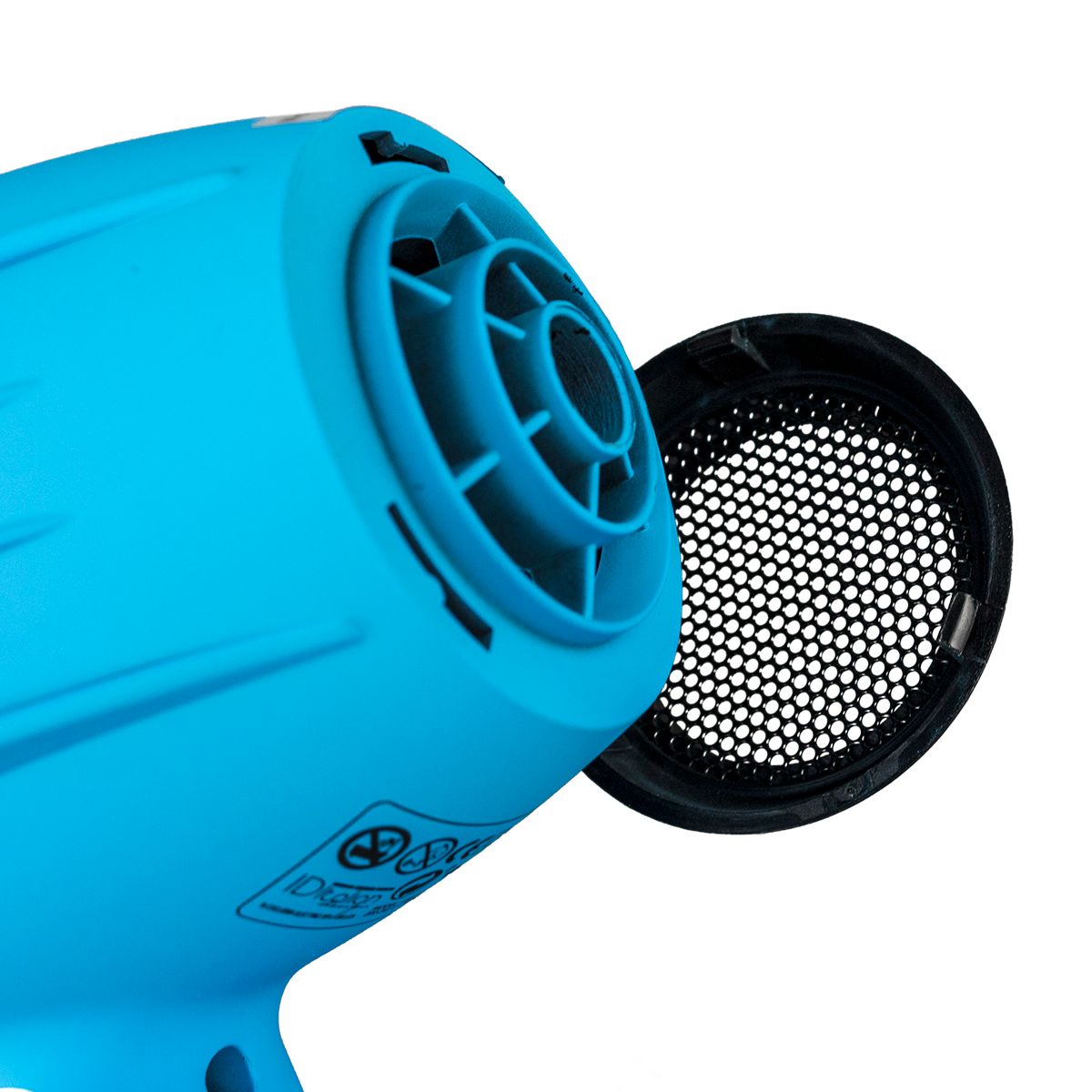 Primo piano della testa blu dell'asciugacapelli. Griglia nera rimovibile.