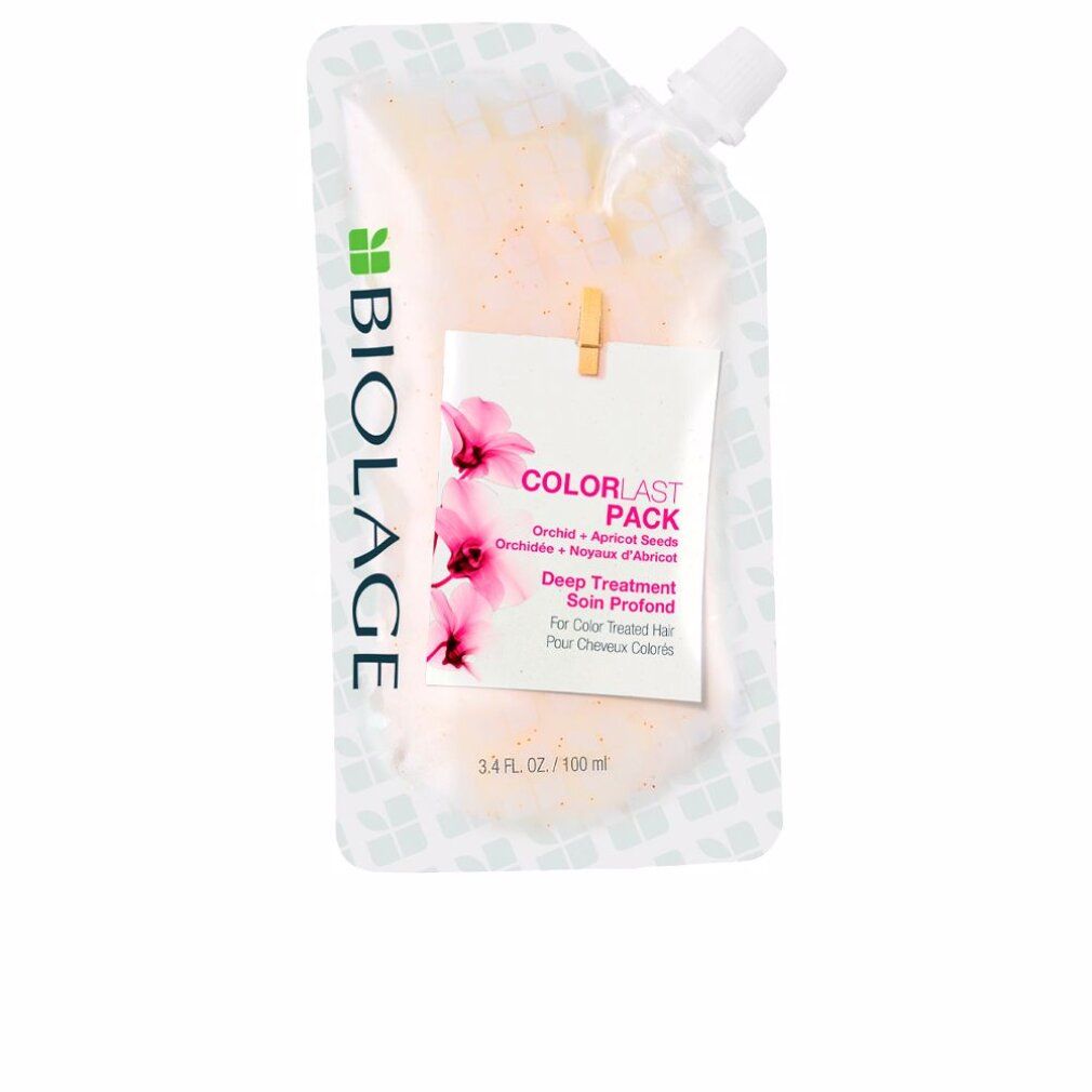 Biolage Colorlast Deep Treatment Pack. Bustina di prodotto, sfondo bianco. Testo: Colorlast Pack, Deep Treatment, 3.4 fl. oz. / 100 ml.