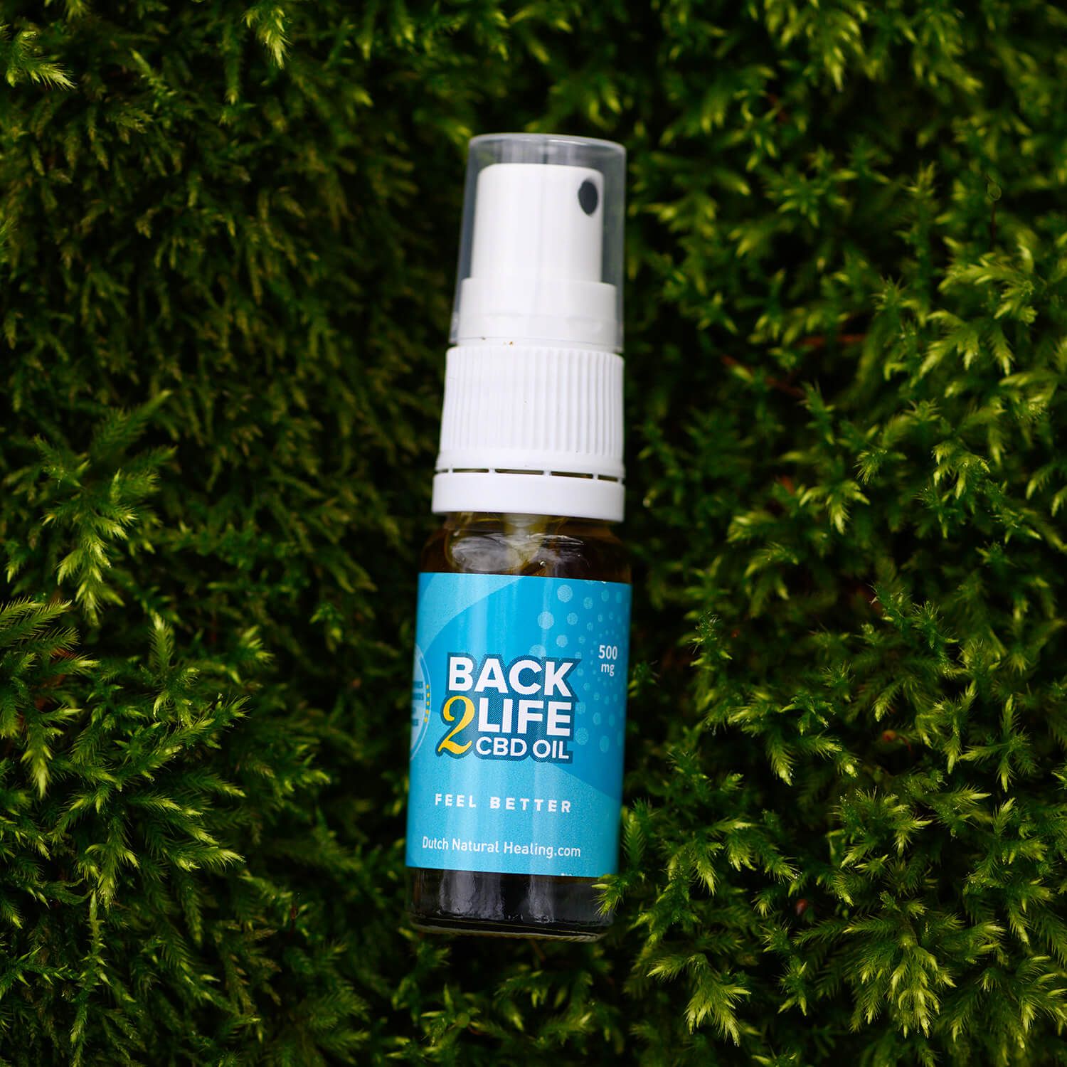 Flacone trasparente con vaporizzatore bianco su muschio. Etichetta blu con "BACK 2 LIFE CBD OIL" e "FEEL BETTER".