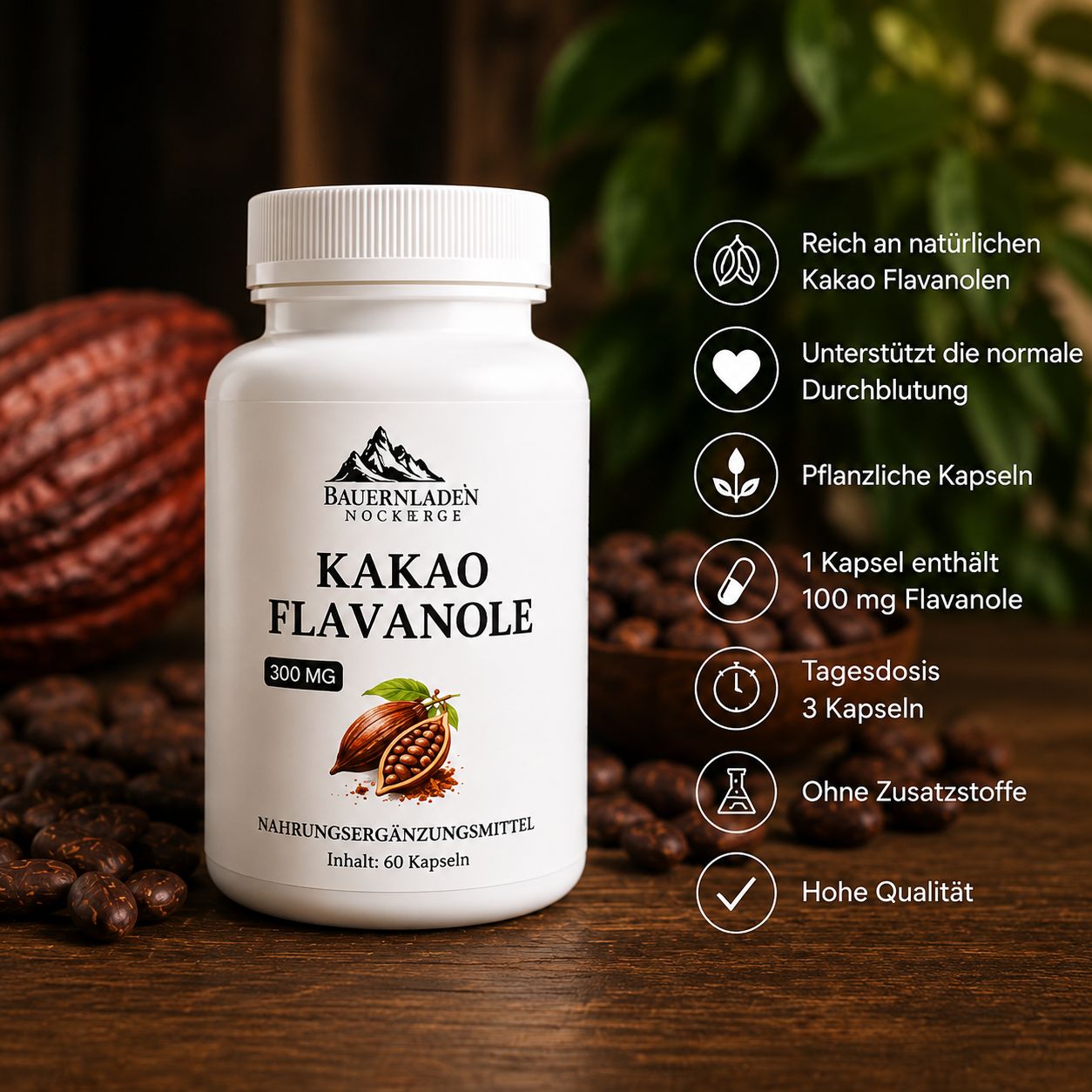 Barattolo di flavanoli di cacao 300 mg, 60 capsule. Ricchi di flavanoli di cacao naturali, capsule vegetali.