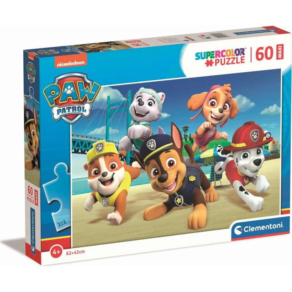 Scatola puzzle Paw Patrol. Contiene 60 pezzi. Scritte: Paw Patrol, 60, Super Color, Clementoni. Per bambini dai 4 anni.