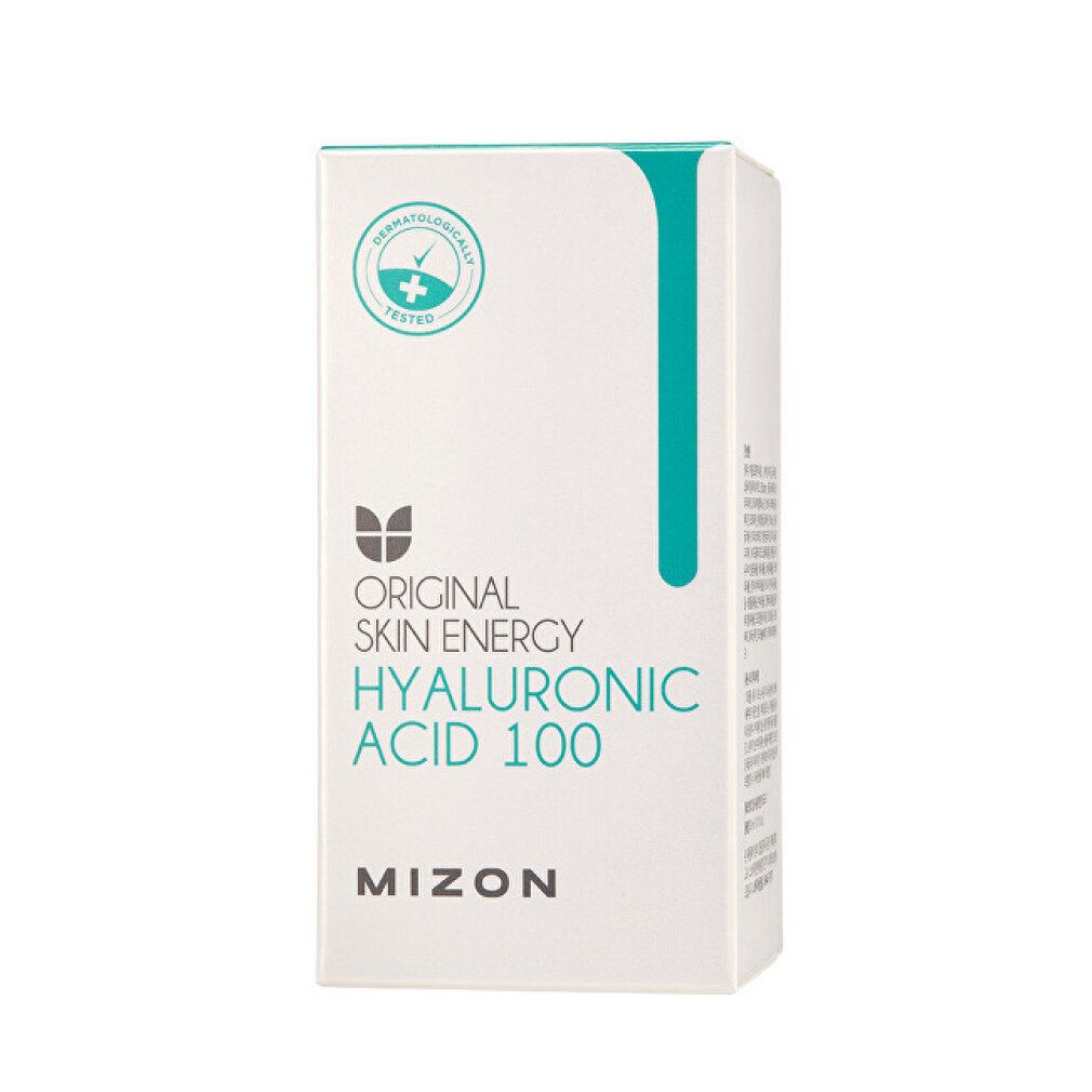 Confezione bianca con linea verde e scritta: Original Skin Energy Hyaluronic Acid 100. Marchio Mizon. Testato dermatologicamente.