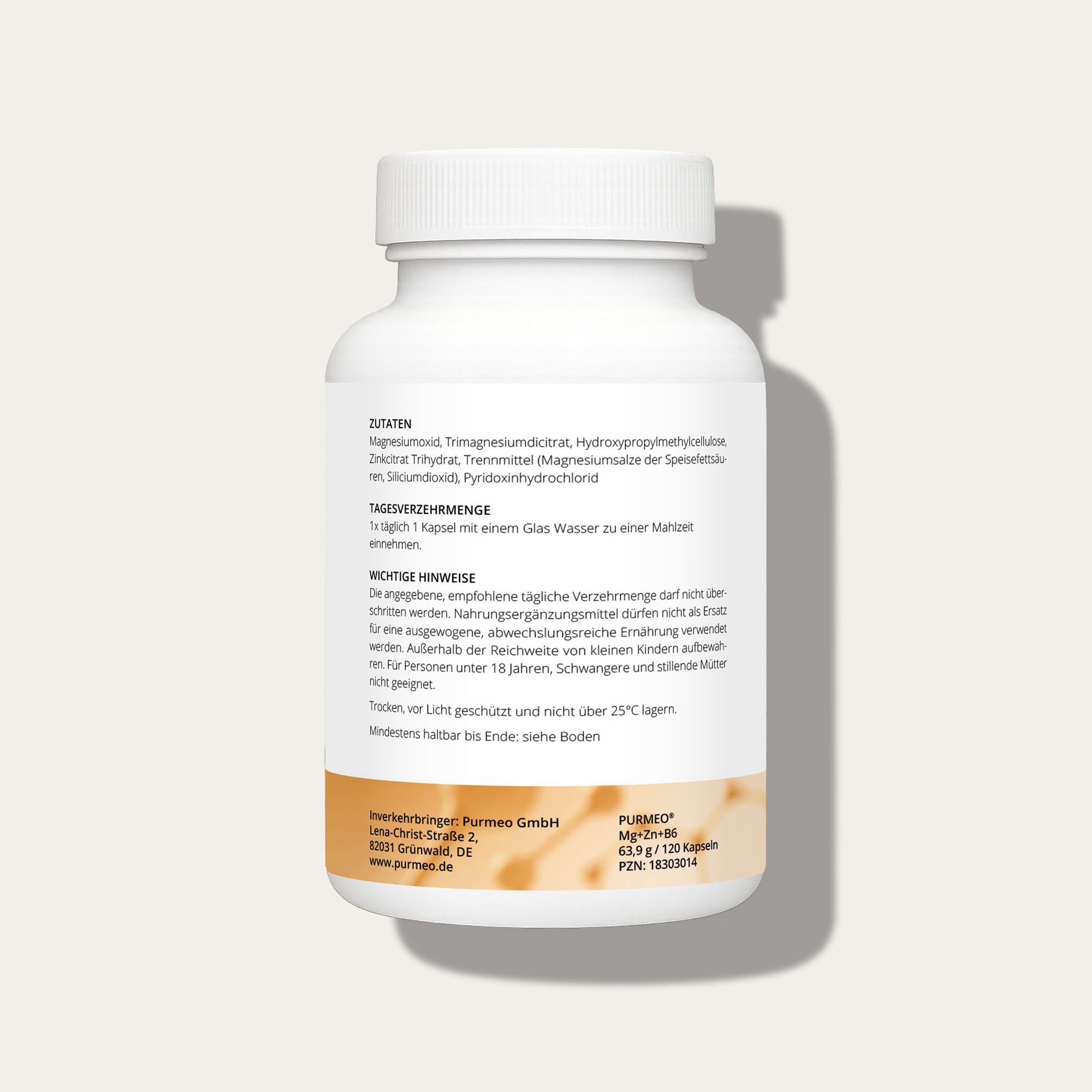 Flacone bianco con etichetta gialla. Ingredienti, raccomandazioni e avvertenze stampate.