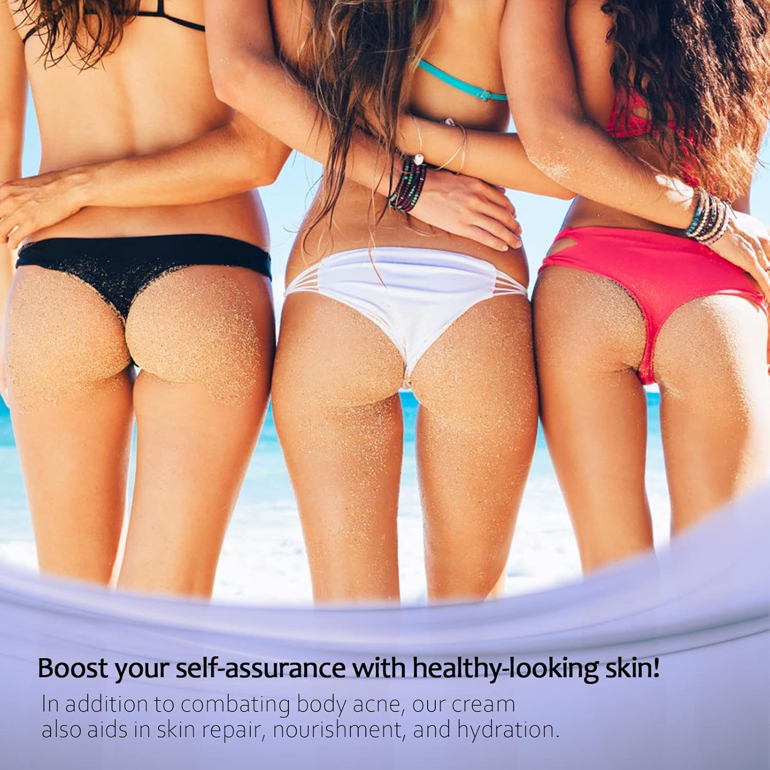 Tre donne in bikini sulla spiaggia. Testo: Boost your self-assurance with healthy-looking skin!