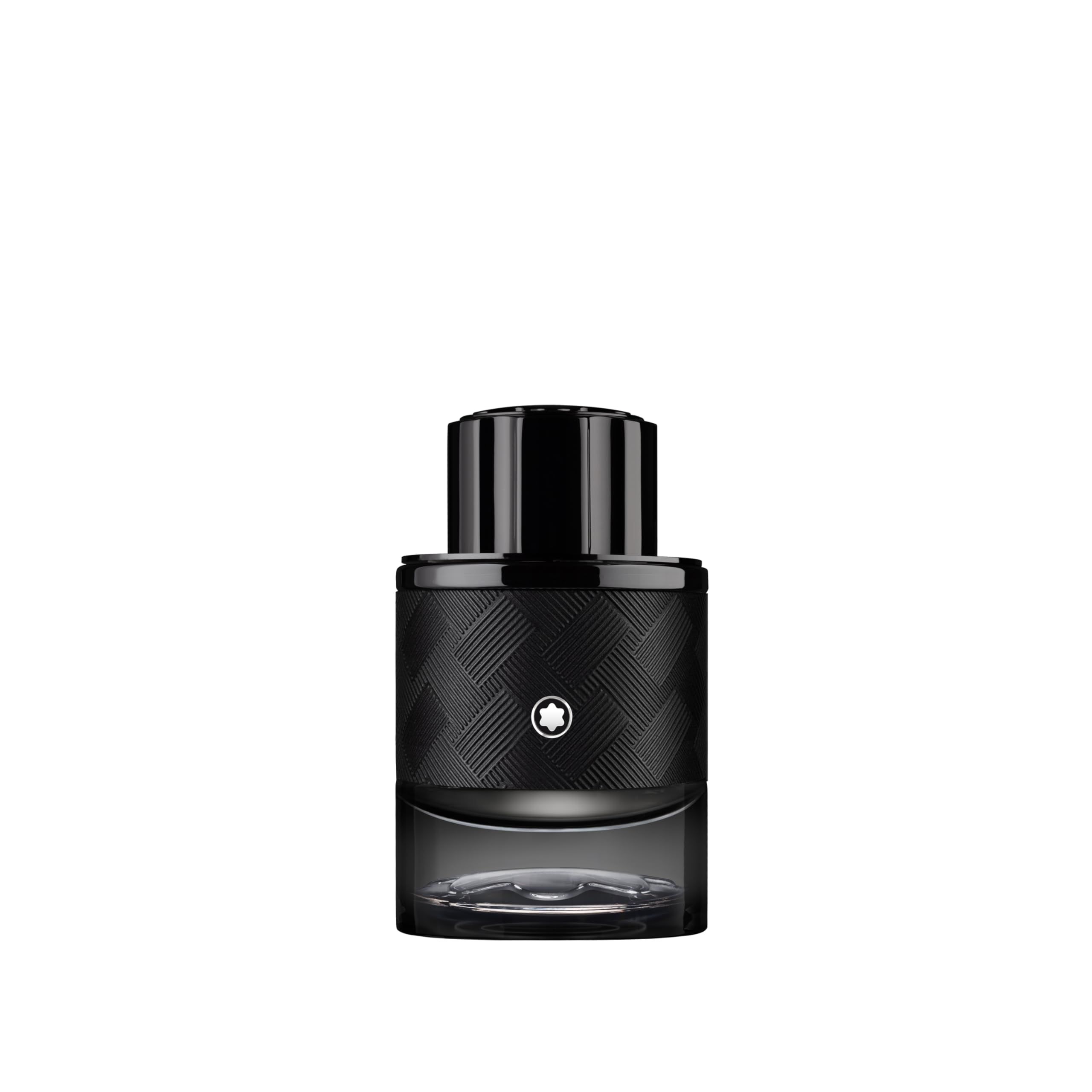 Flacone nero con superficie zigrinata e logo Montblanc. Tappo nero.