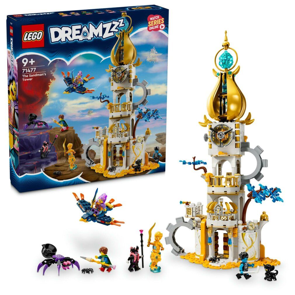 Set LEGO DREAMZzz. Torre con elementi dorati e personaggi. Confezione a sinistra, torre a destra. Personaggi a terra.