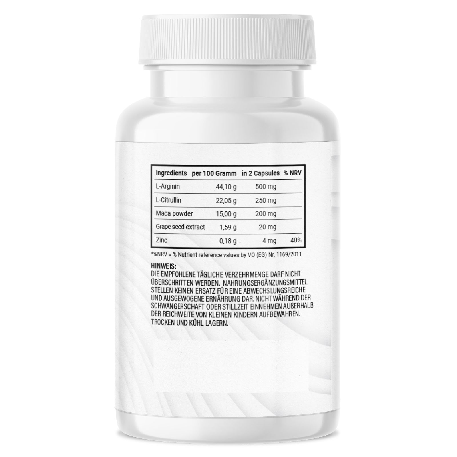 Retro di un flacone bianco con tabella nutrizionale. Ingredienti per 100g e 2 capsule. Nota sulla dose giornaliera raccomandata.