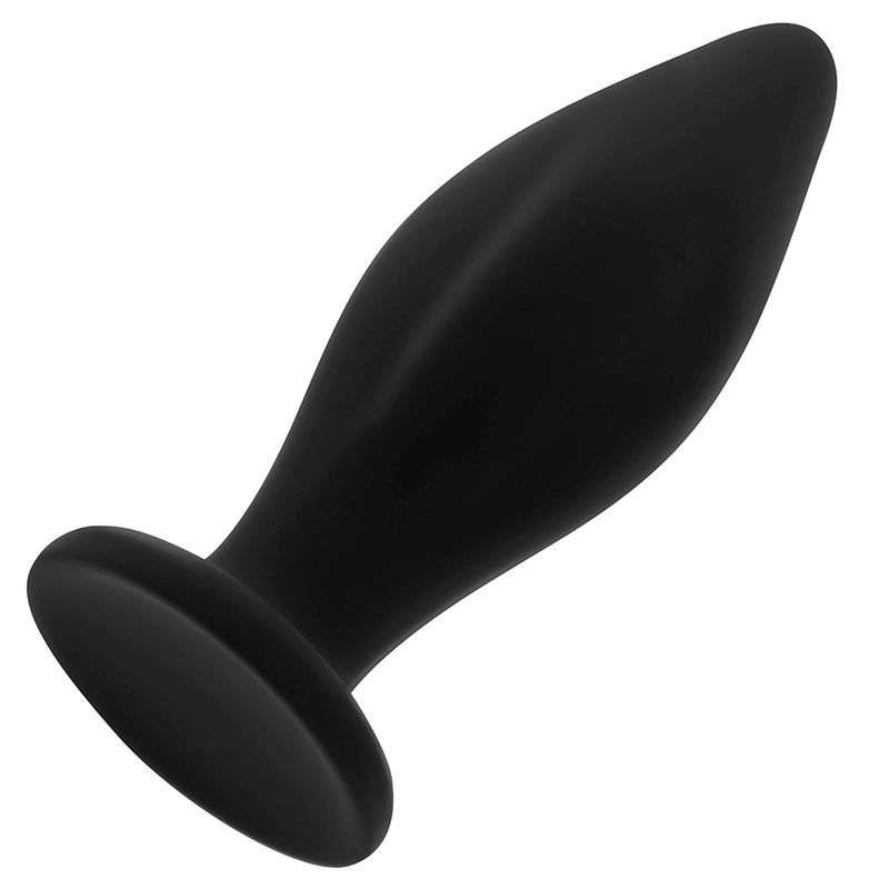 Plug anale in silicone nero, forma conica. Base ampia, estremità affusolata. Vista prospettica.