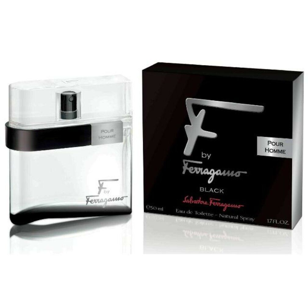 Scatola e flacone neri. Sulla scatola è scritto "F by Ferragamo Black". Il flacone ha una base nera e un tappo trasparente.