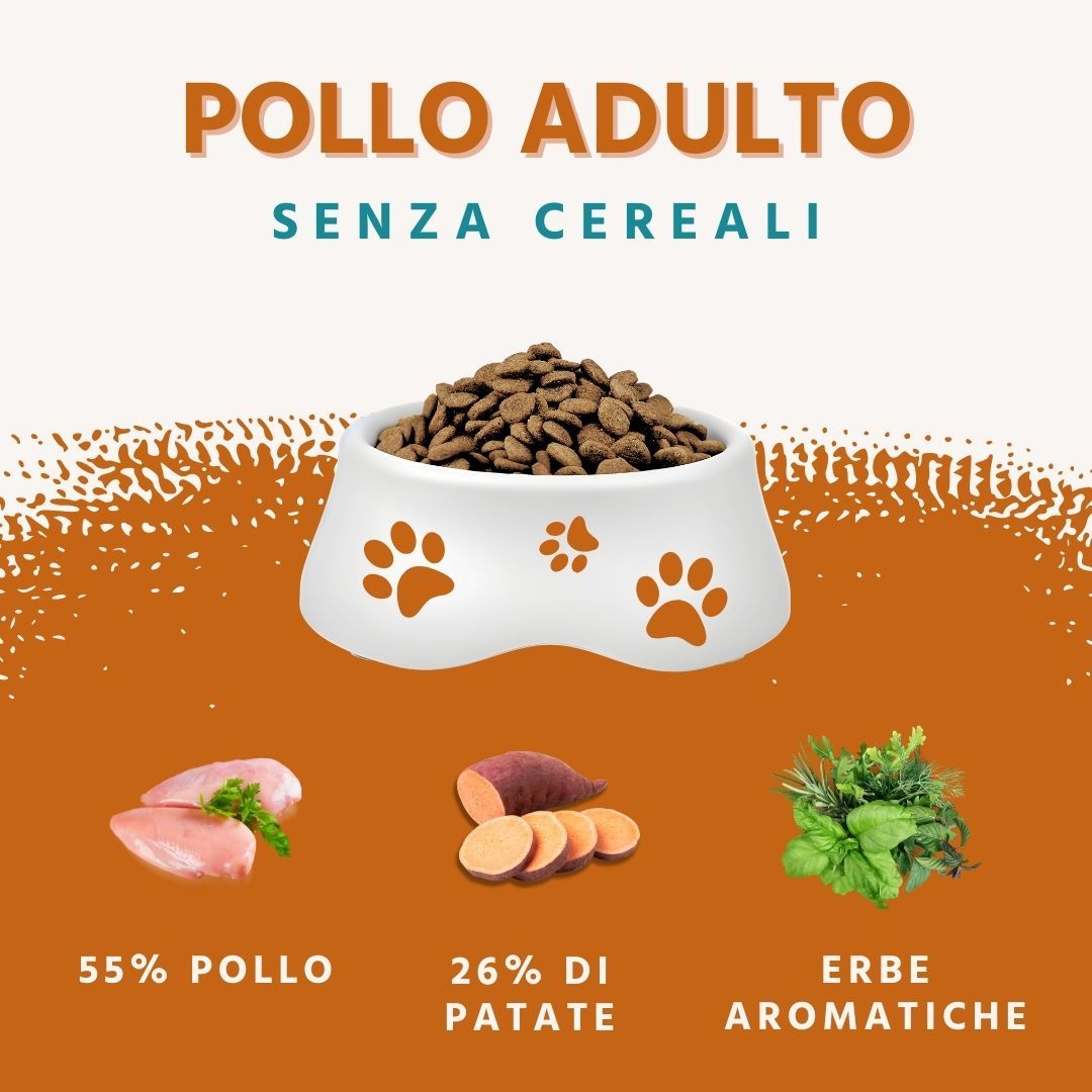 Ciotola di cibo secco, pollo, patate dolci ed erbe. Testo: Pollo Adulto Senza Cereali, 55% Pollo, 26% di Patate, Erbe Aromatiche.