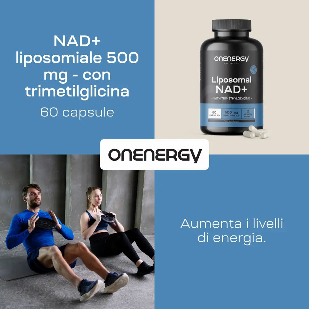 Coppia che si allena. Flacone con capsule. Testo: NAD+ liposomiale con trimetilglicina, 60 capsule. Energia.