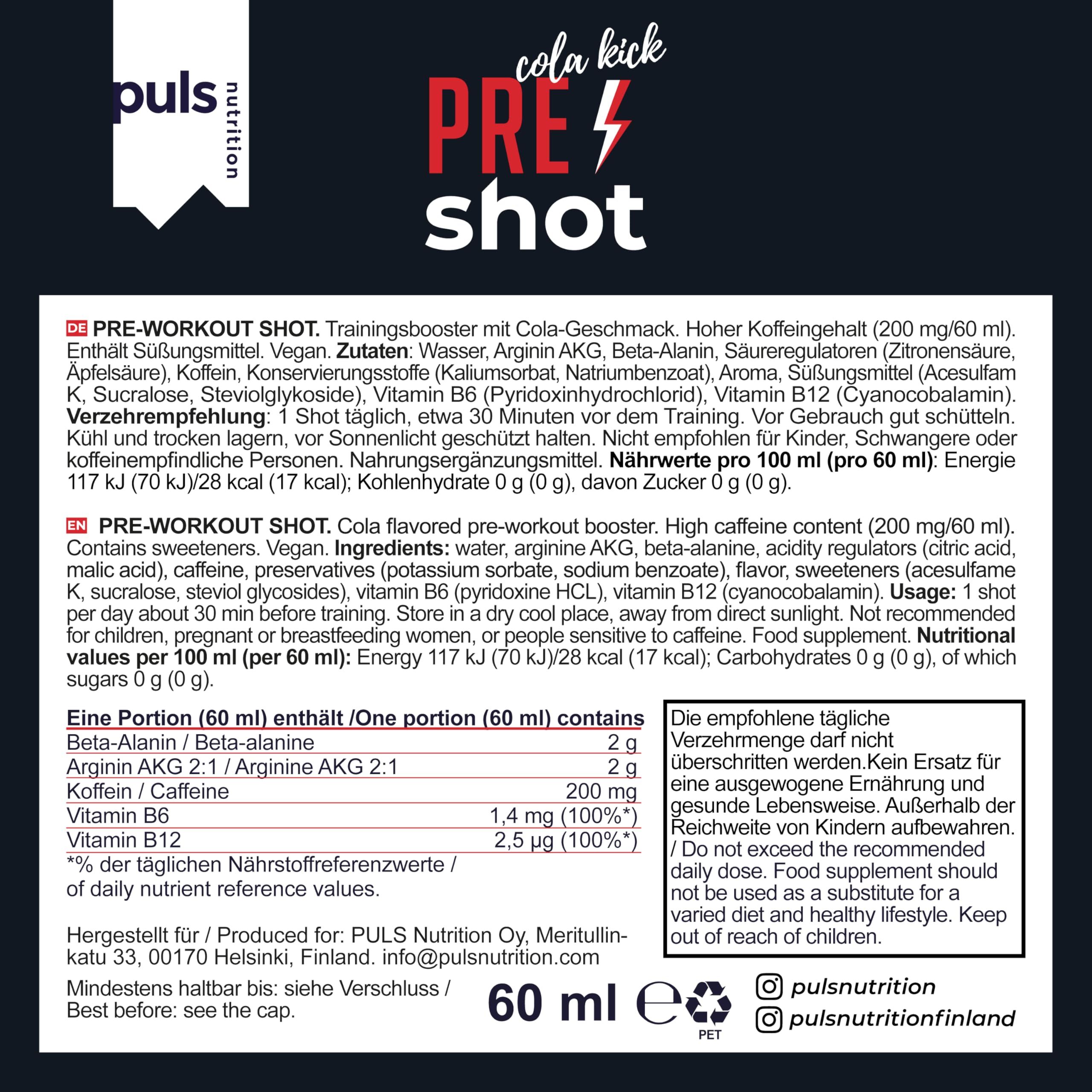 Retro di uno shot pre-allenamento Puls Nutrition con informazioni nutrizionali.