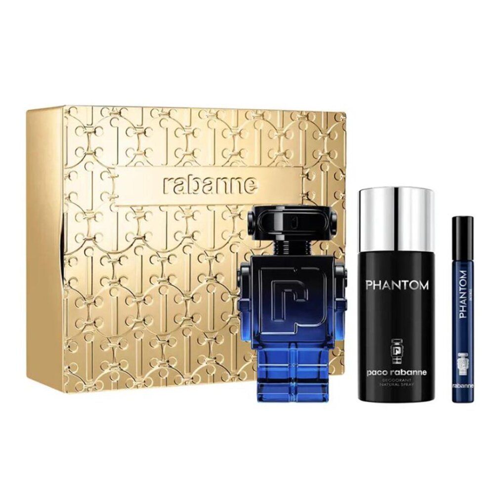 Cofanetto regalo con scatola dorata, flacone, deodorante e roll-on. Flacone a forma di robot, blu. Deodorante e roll-on con scritta "Phantom".