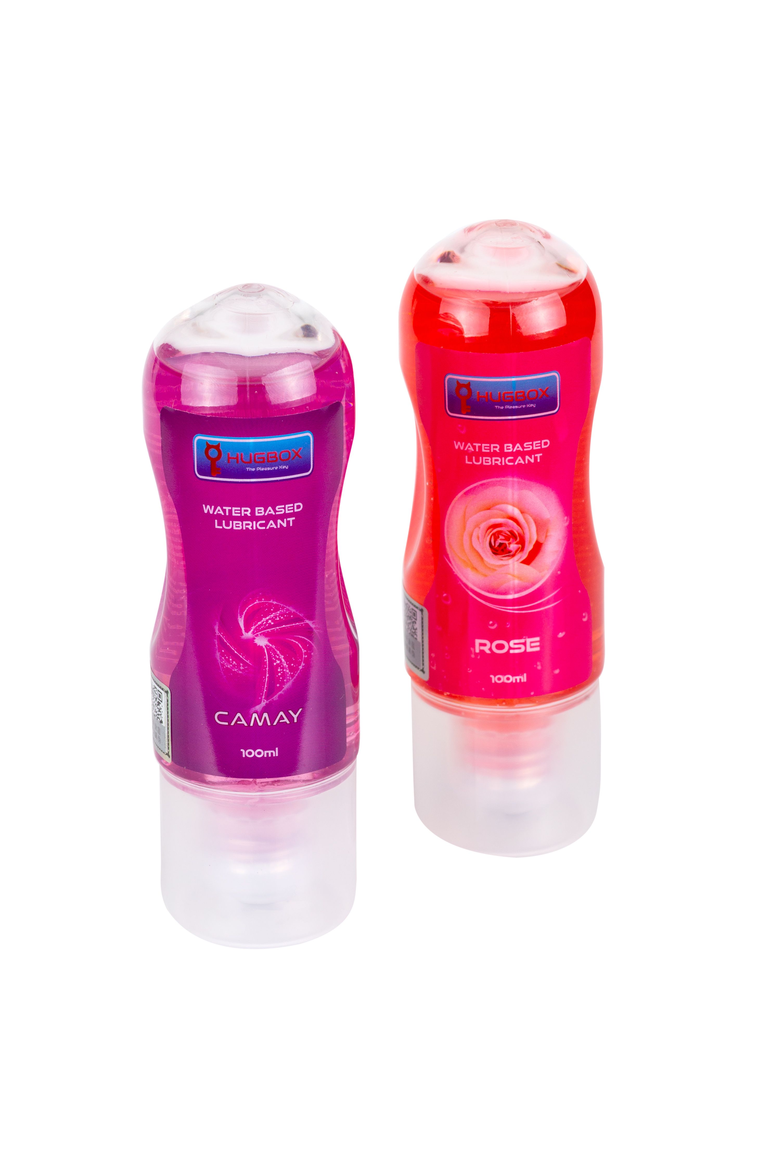 Due flaconi con liquido rosa e rosso. Scritte CAMAY e ROSE. WATER BASED LUBRICANT.