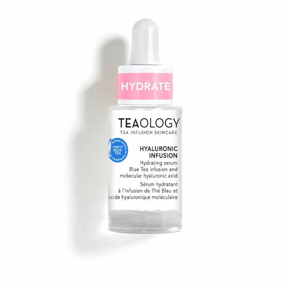 Flacone di siero con contagocce. Scritta: HYDRATE, TEAOLOGY, HYALURONIC INFUSION. Infusione tè blu e acido ialuronico.