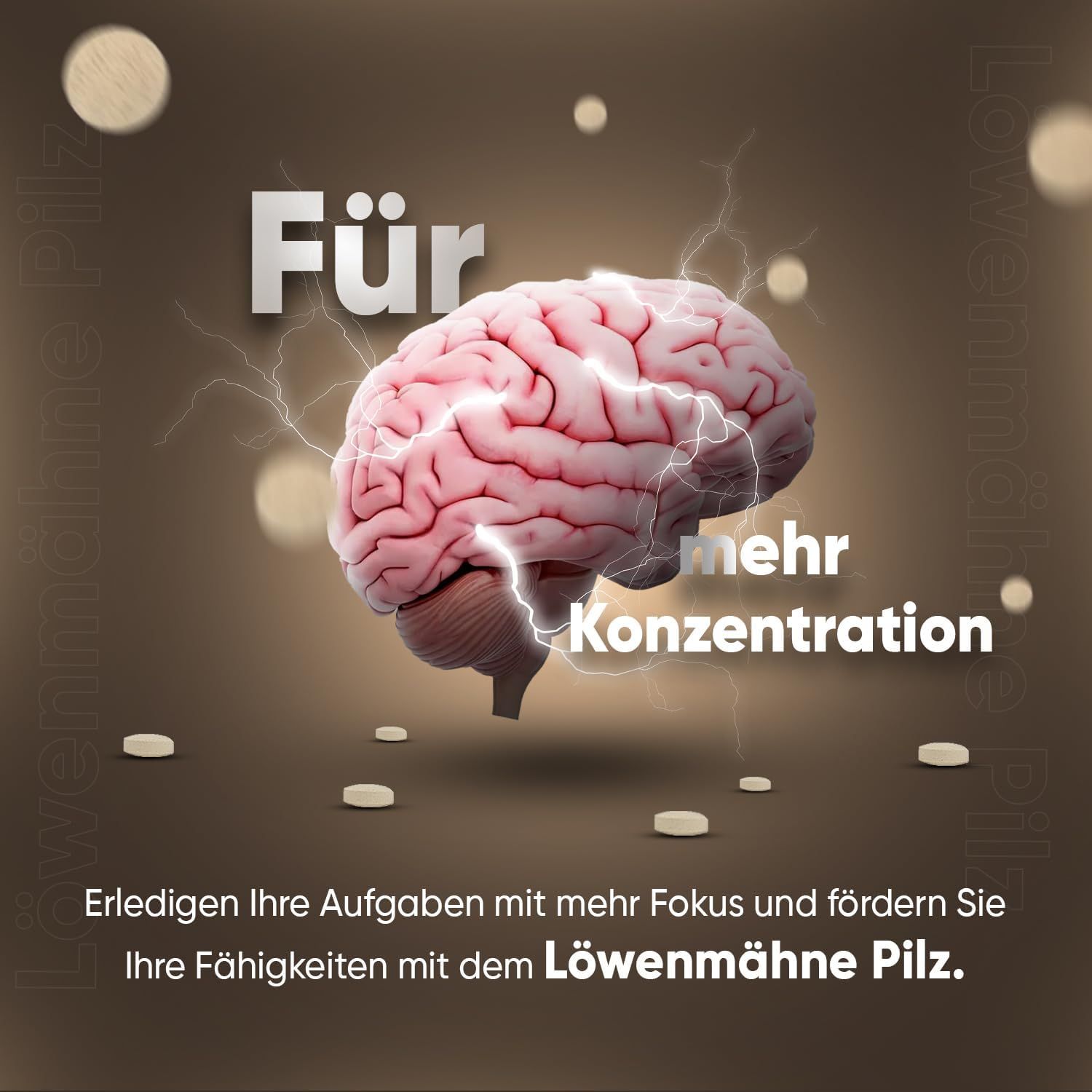 Grafica con cervello e testo: Per più concentrazione. Pillole sullo sfondo. Testo: Löwenmähne Pilz.