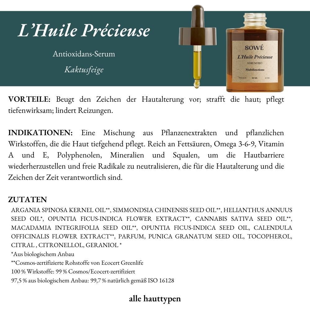 Immagine del prodotto con testo. Nome del prodotto e ingredienti. Testo in tedesco. Certificazioni visibili.