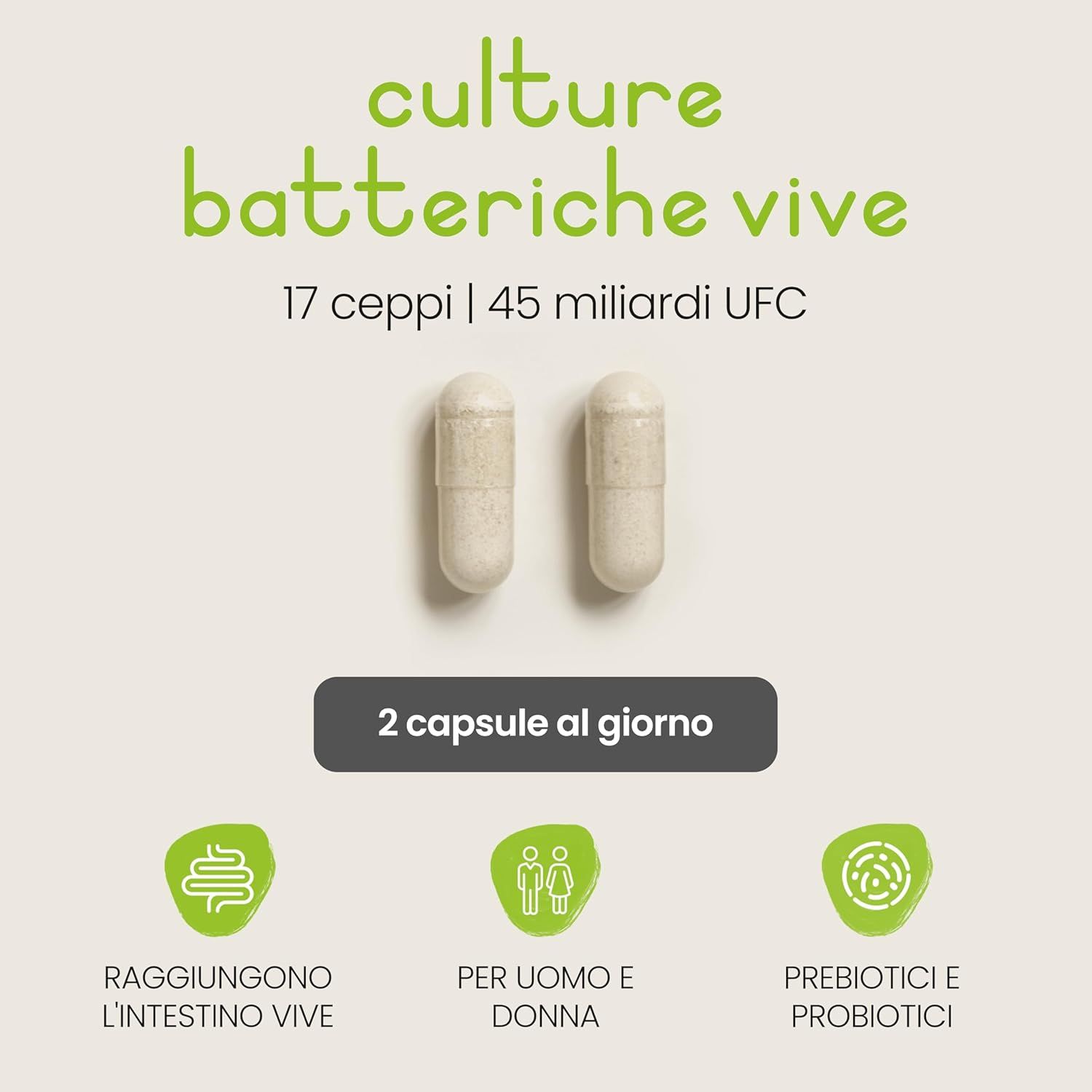 Due capsule VitaBright Kulturkomplex. 17 ceppi, 45 miliardi di UFC. 2 capsule al giorno.