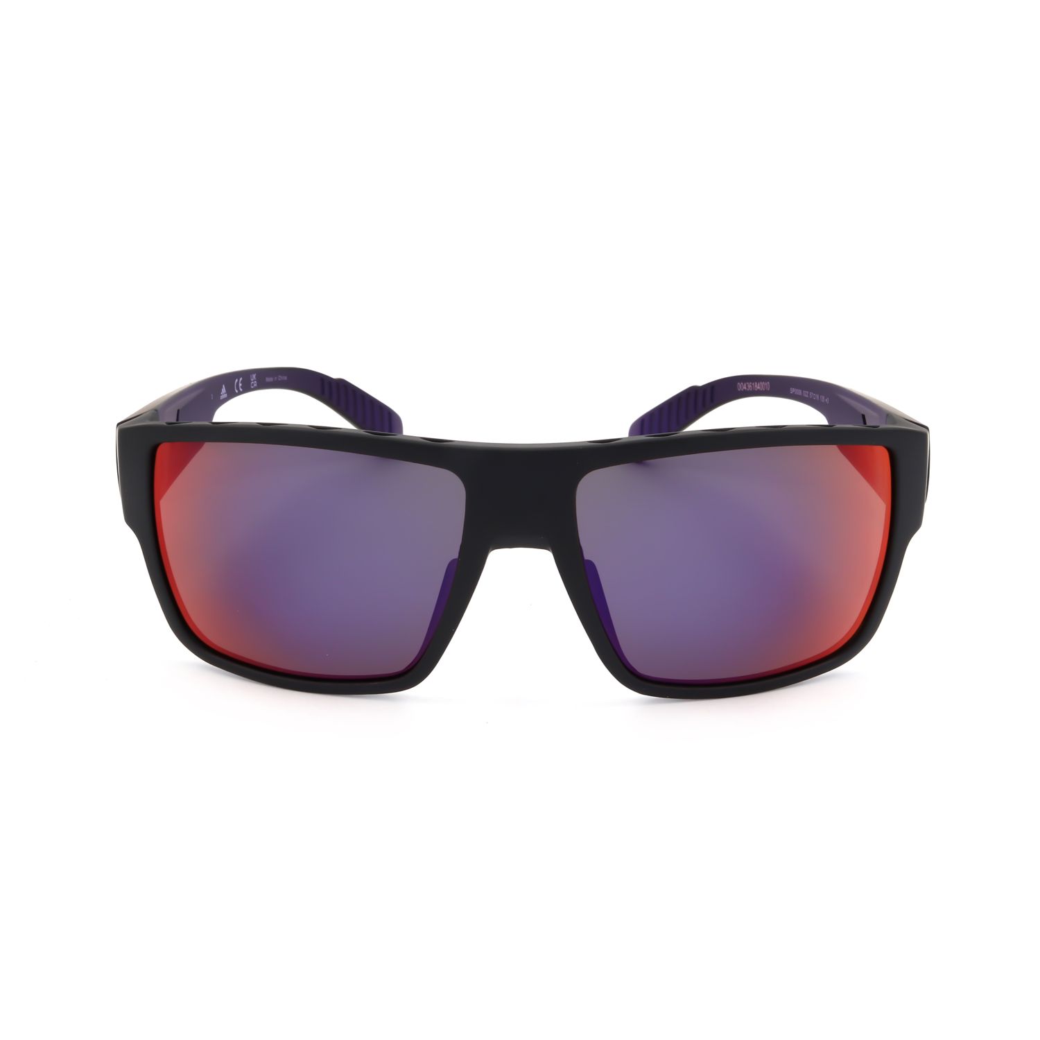 Occhiali da sole neri con lenti rettangolari a specchio rosso-viola e aste viola.