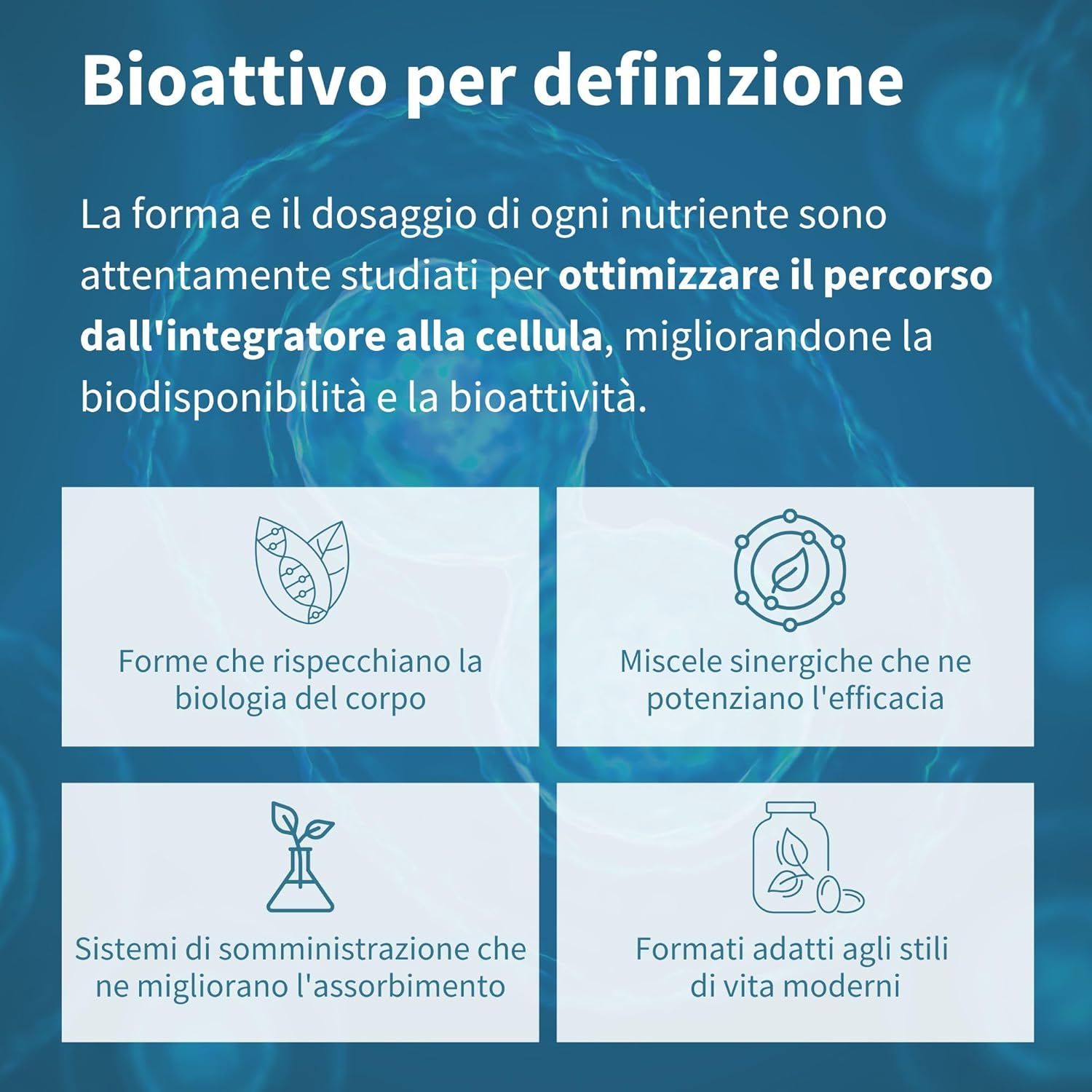 Diagramma. Testo: Bioattivo per definizione. Forme, miscele, sistemi, formati.