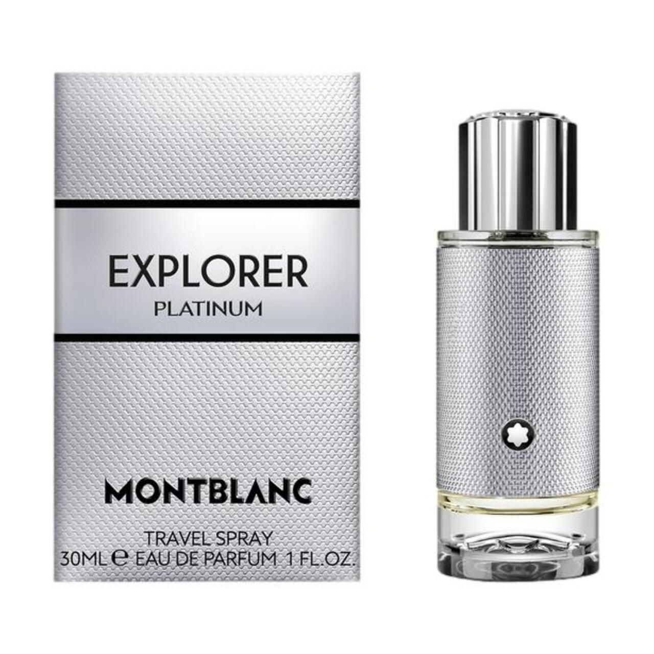 Flacone e confezione. Confezione con scritta Explorer Platinum e logo Montblanc. Flacone argentato.