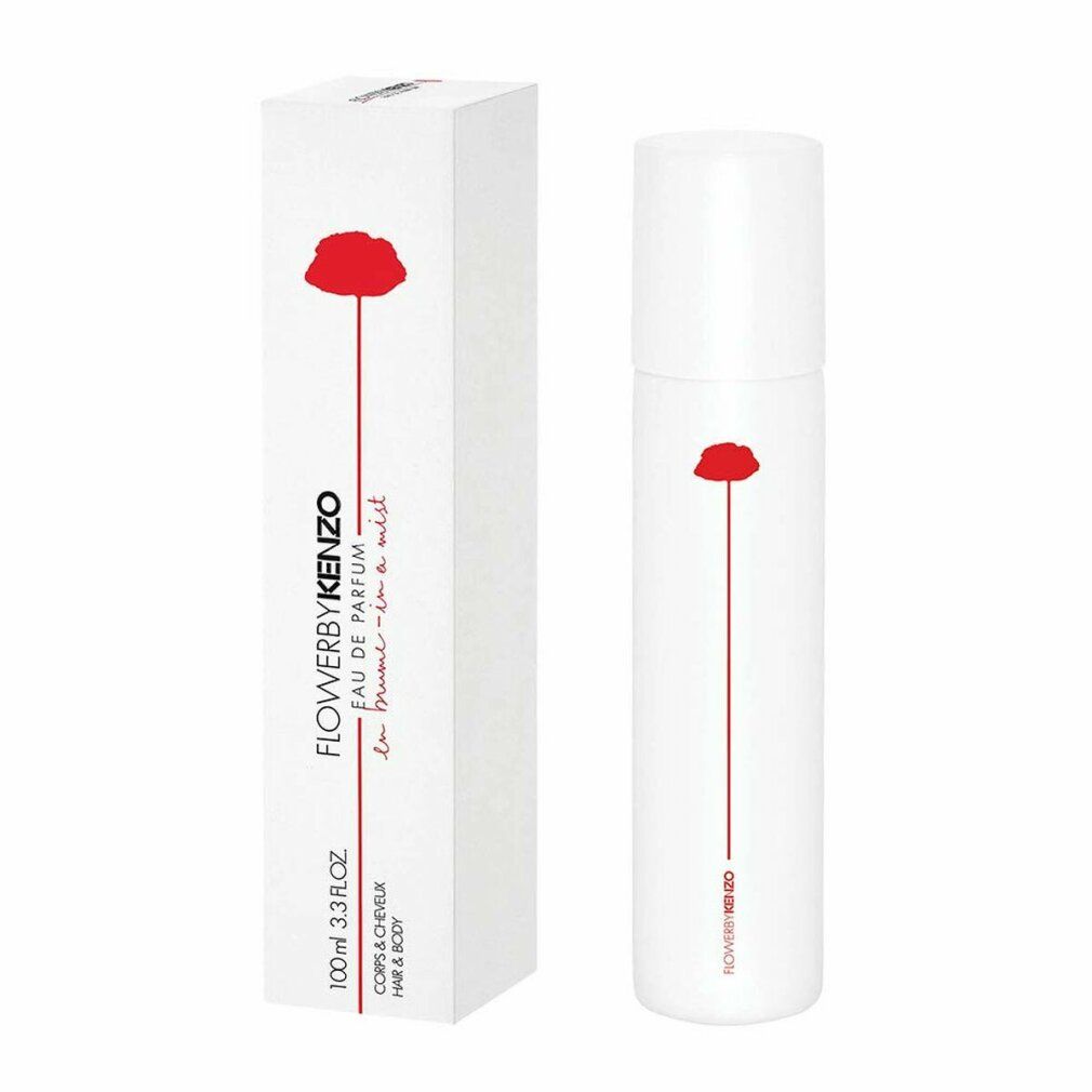 Spray bianco con fiore rosso e scritta. Scatola con lo stesso design. Scritta: FlowerbyKenzo, Eau de Parfum, 100ml.