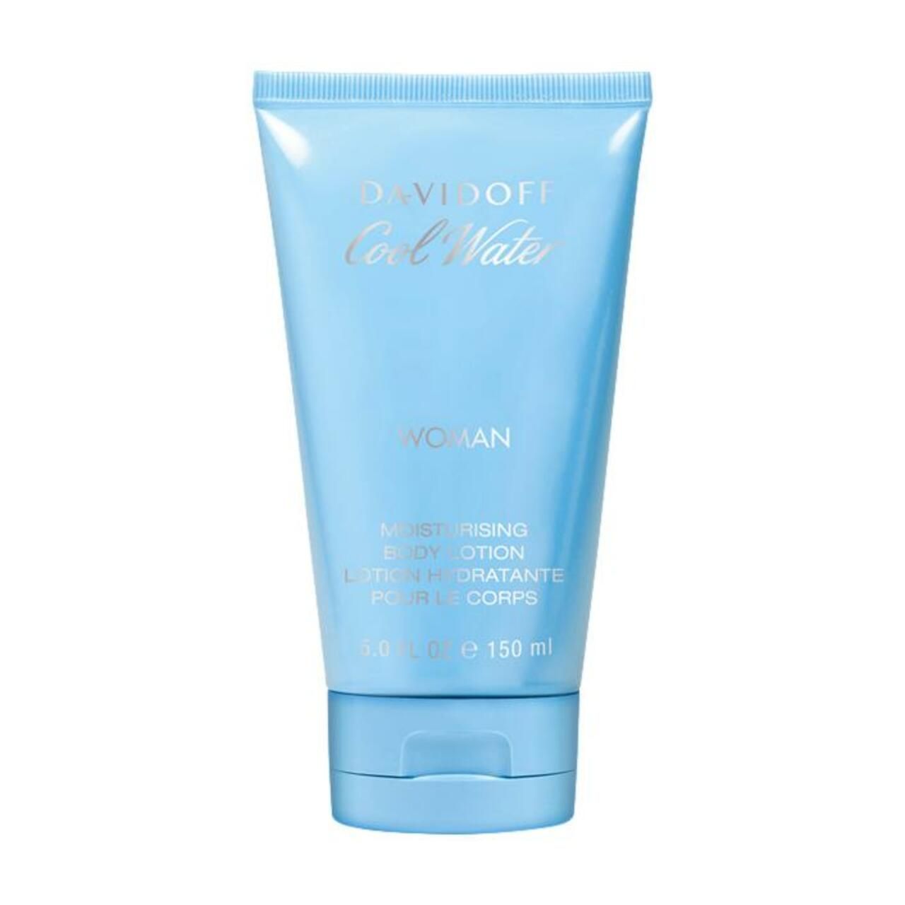 Tubo azzurro. Scritta Davidoff Cool Water Woman. Lozione corpo idratante. 5.0 FL.OZ. e 150 ml.