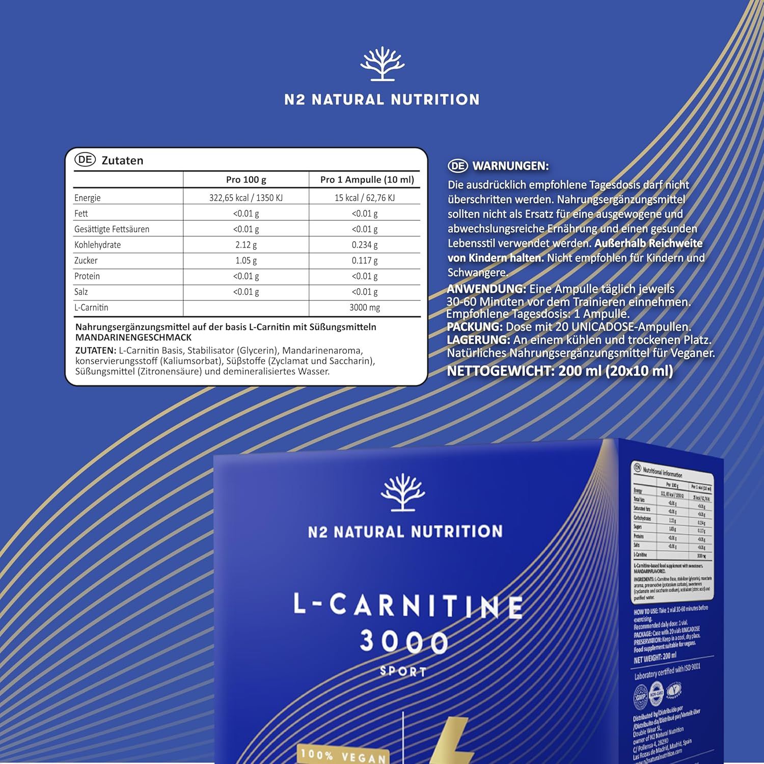 Tabella nutrizionale e avvertenze. N2 Natural Nutrition L-Carnitina 3000. Ingredienti: L-Carnitina, aroma di mandarino, dolcificante, acqua. 20x10ml.